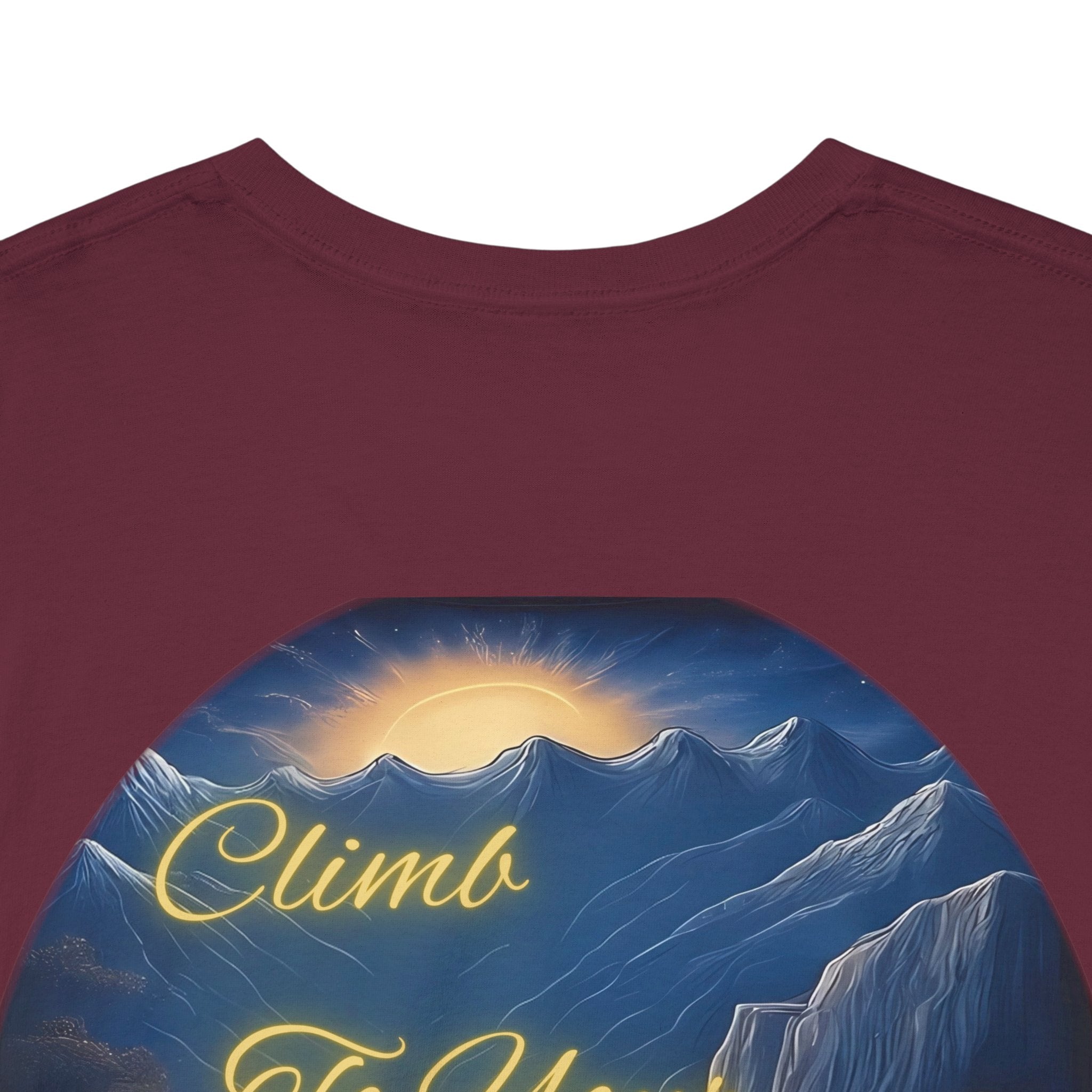 Climb To Your Dreams – Rock Climber Back-Print Tee + Front Badge | Gildan 5000, Inspirational and Motivational Apparel, Gift for Dreamers, Creative Expression Wear
