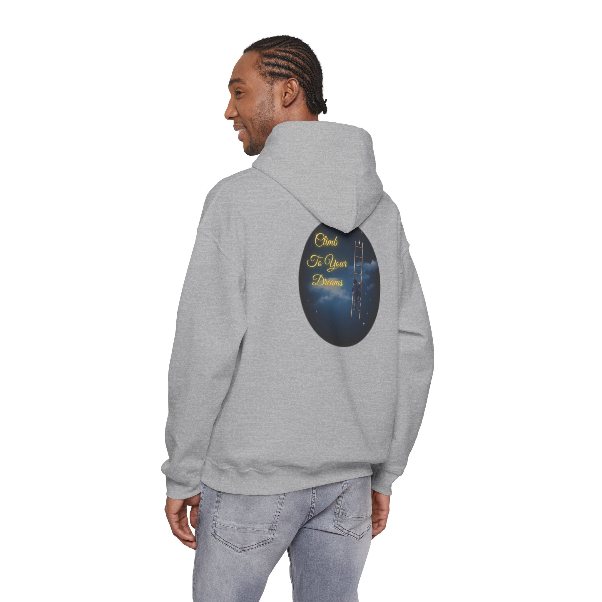 Climb To Your Dreams – Starry Night Ladder-to-Moon Back-Print Hoodie + Front Badge | Gildan 18500, Inspirational and Motivational Apparel, Gift for Dreamers, Creative Expression Wear