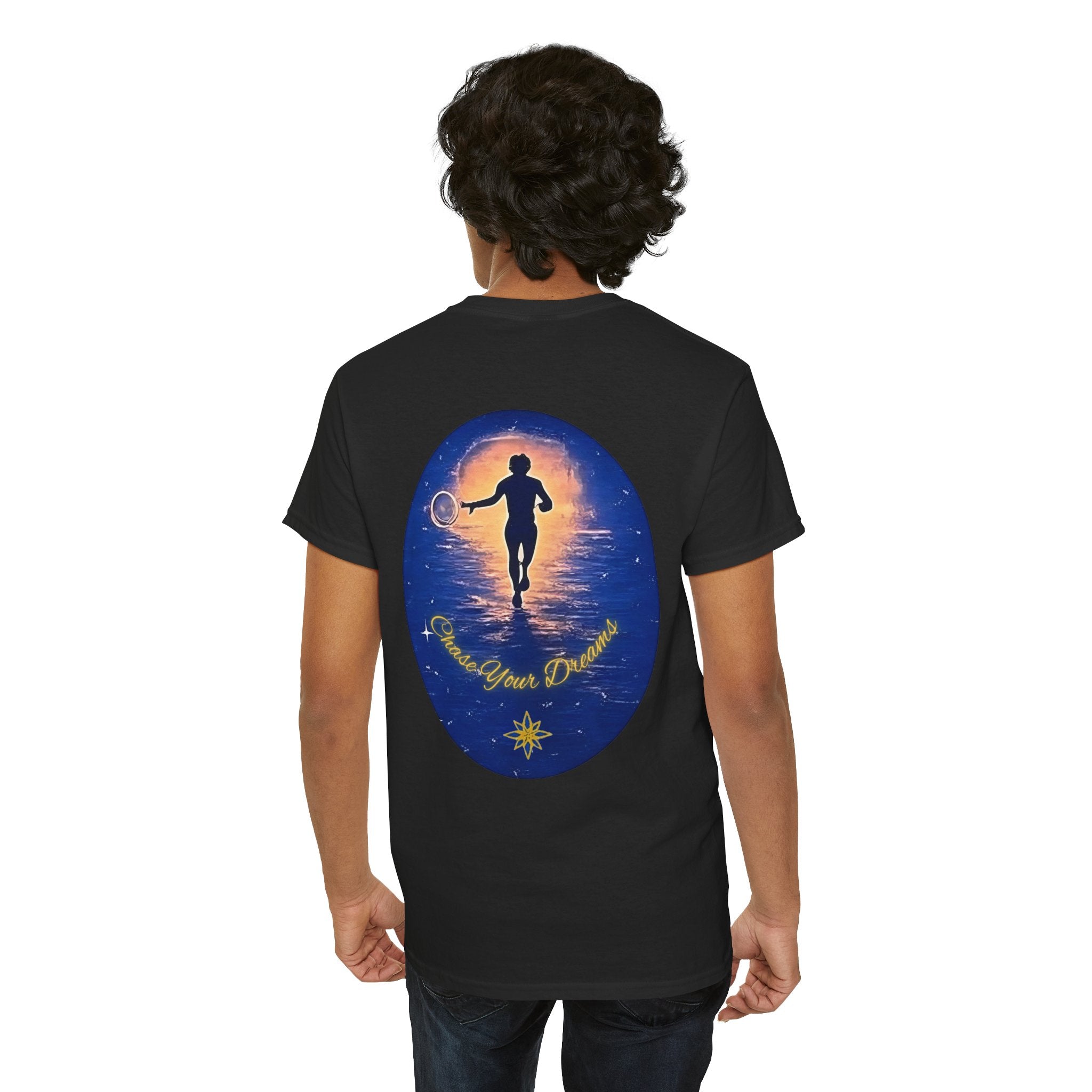 Chase Your Dreams – Sunrise Silhouette Back Printed Heavy Cotton Tee, Inspirational and Motivational Apparel, Gift for Dreamers, Creative Expression Wear