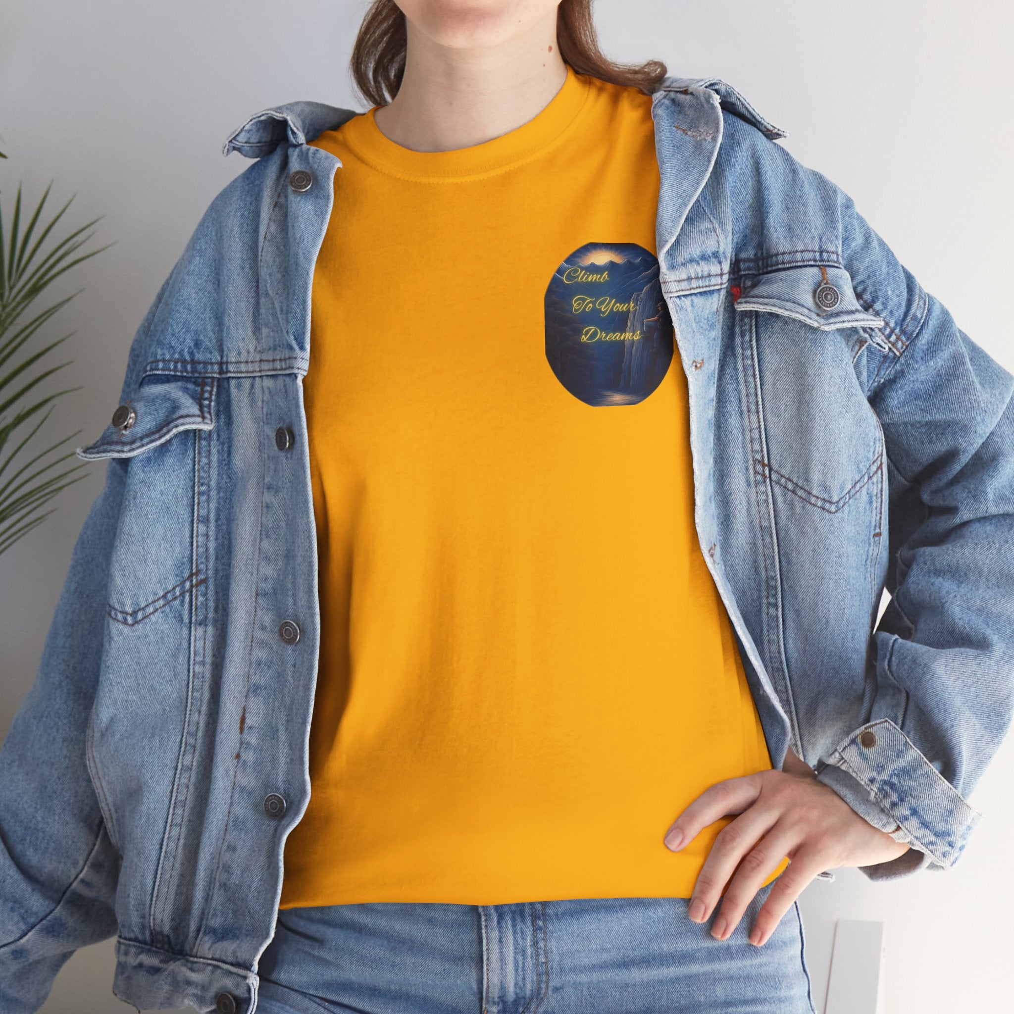 Climb To Your Dreams – Rock Climber Back-Print Tee + Front Badge | Gildan 5000, Inspirational and Motivational Apparel, Gift for Dreamers, Creative Expression Wear