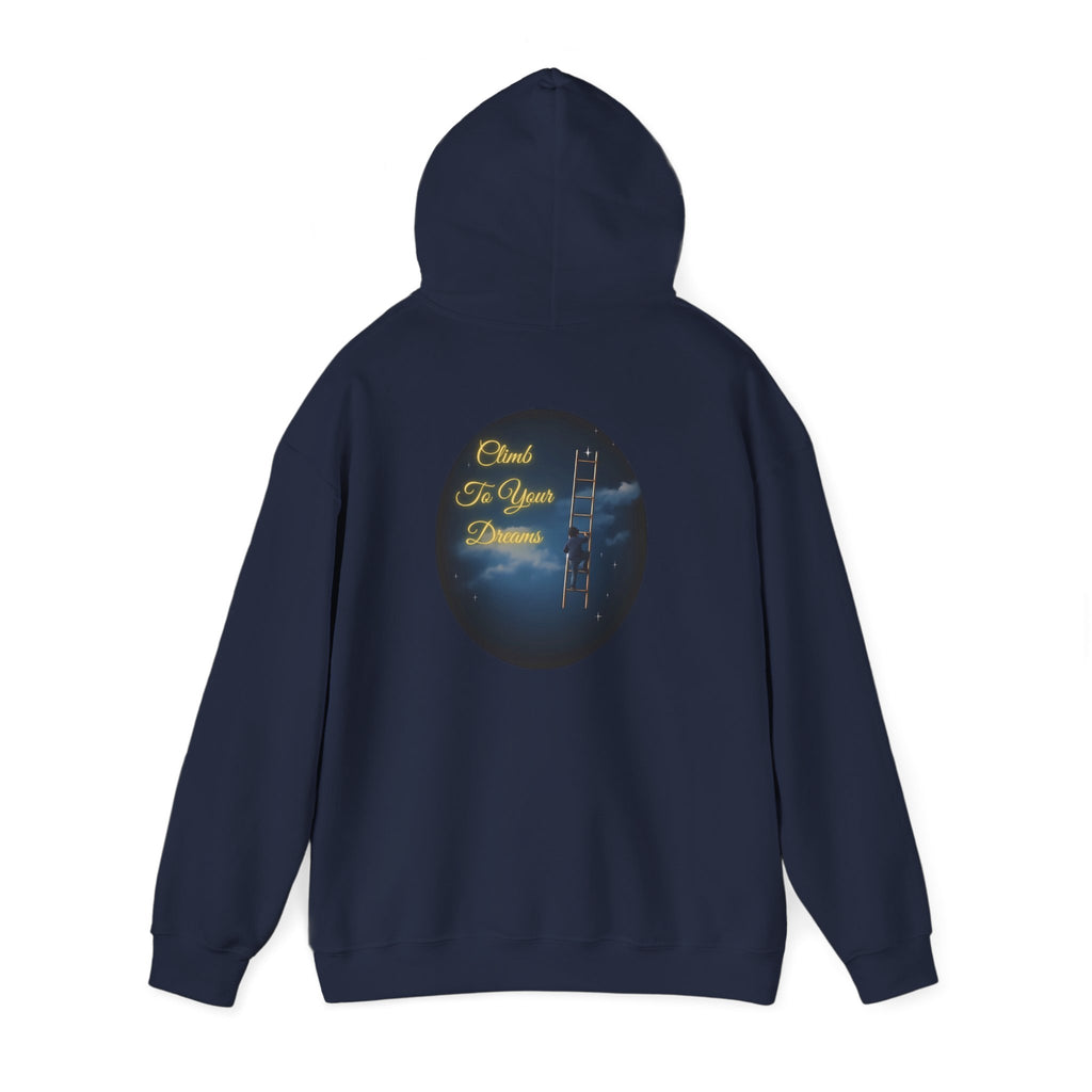 Climb To Your Dreams – Starry Night Ladder-to-Moon Back-Print Hoodie + Front Badge | Gildan 18500, Inspirational and Motivational Apparel, Gift for Dreamers, Creative Expression Wear