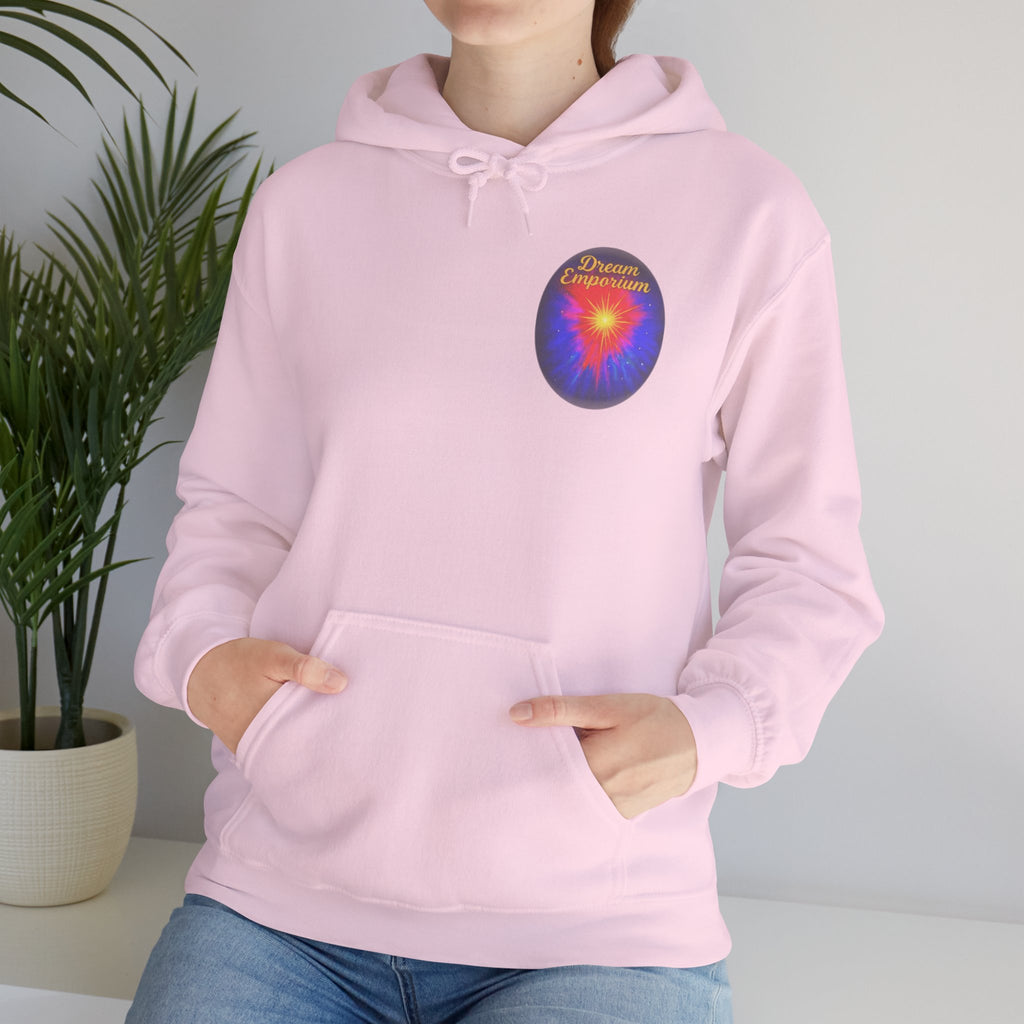 Dream Emporium – Back Printed Radiant Starburst Heavy Blend™ Hooded Sweatshirt, Inspirational and Motivational Apparel, Gift for Dreamers, Creative Expression Wear