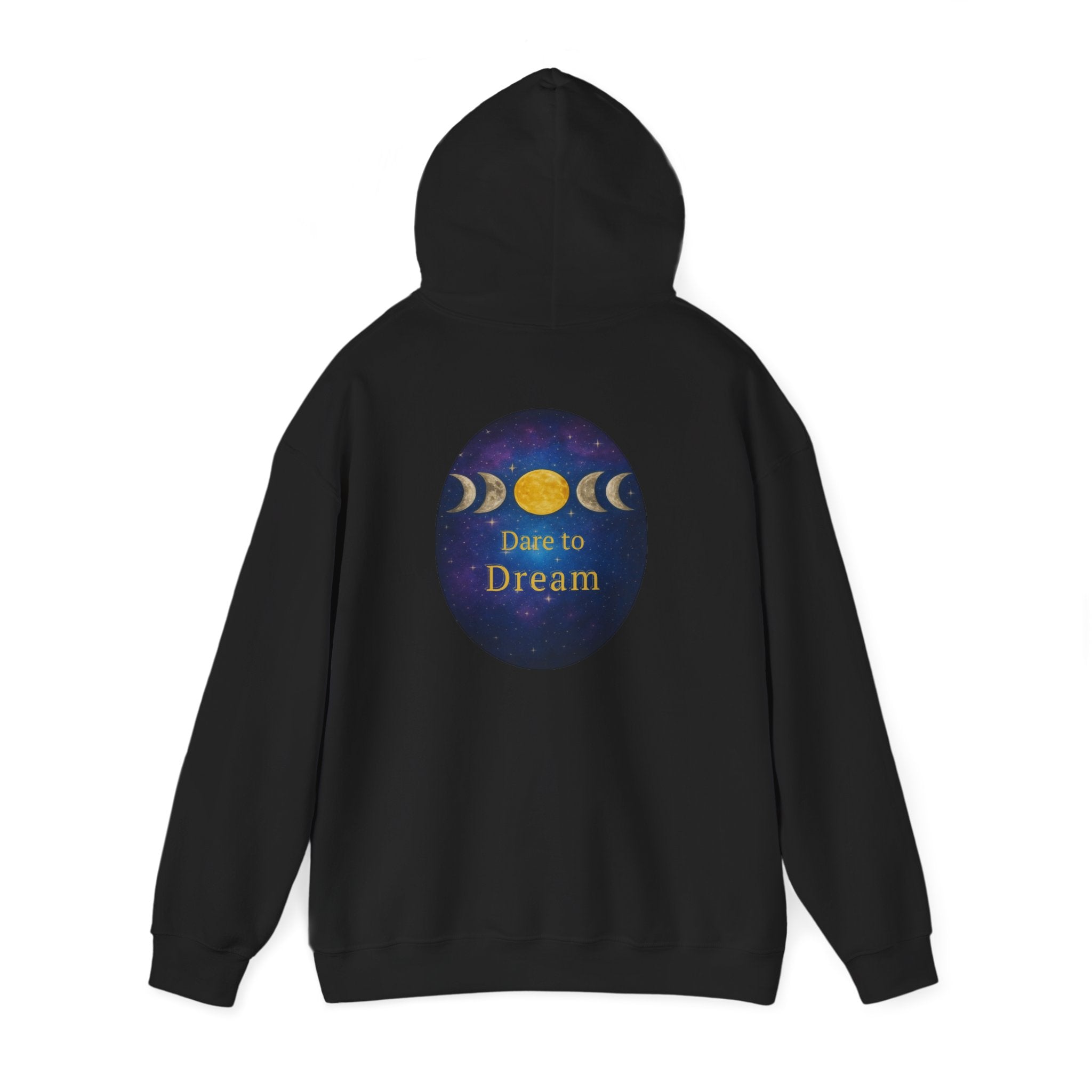 Dare to Dream Moon-Phase Hoodie | Back Glow Print + Front Badge | Heavy Blend™, Inspirational and Motivational Apparel, Gift for Dreamers, Creative Expression Wear