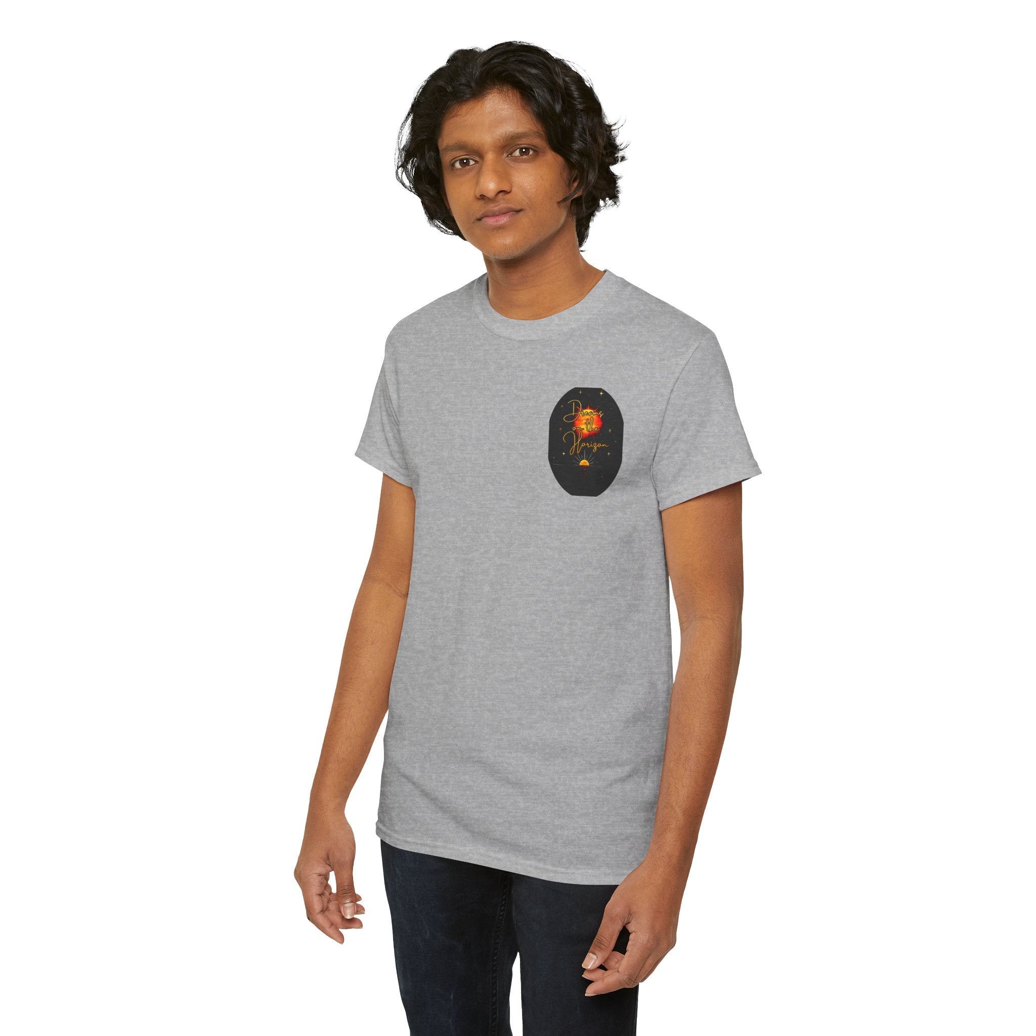 Dreams on the Horizon – Sunrise Back-Print Heavy Cotton Tee, Inspirational and Motivational Apparel, Gift for Dreamers, Creative Expression Wear