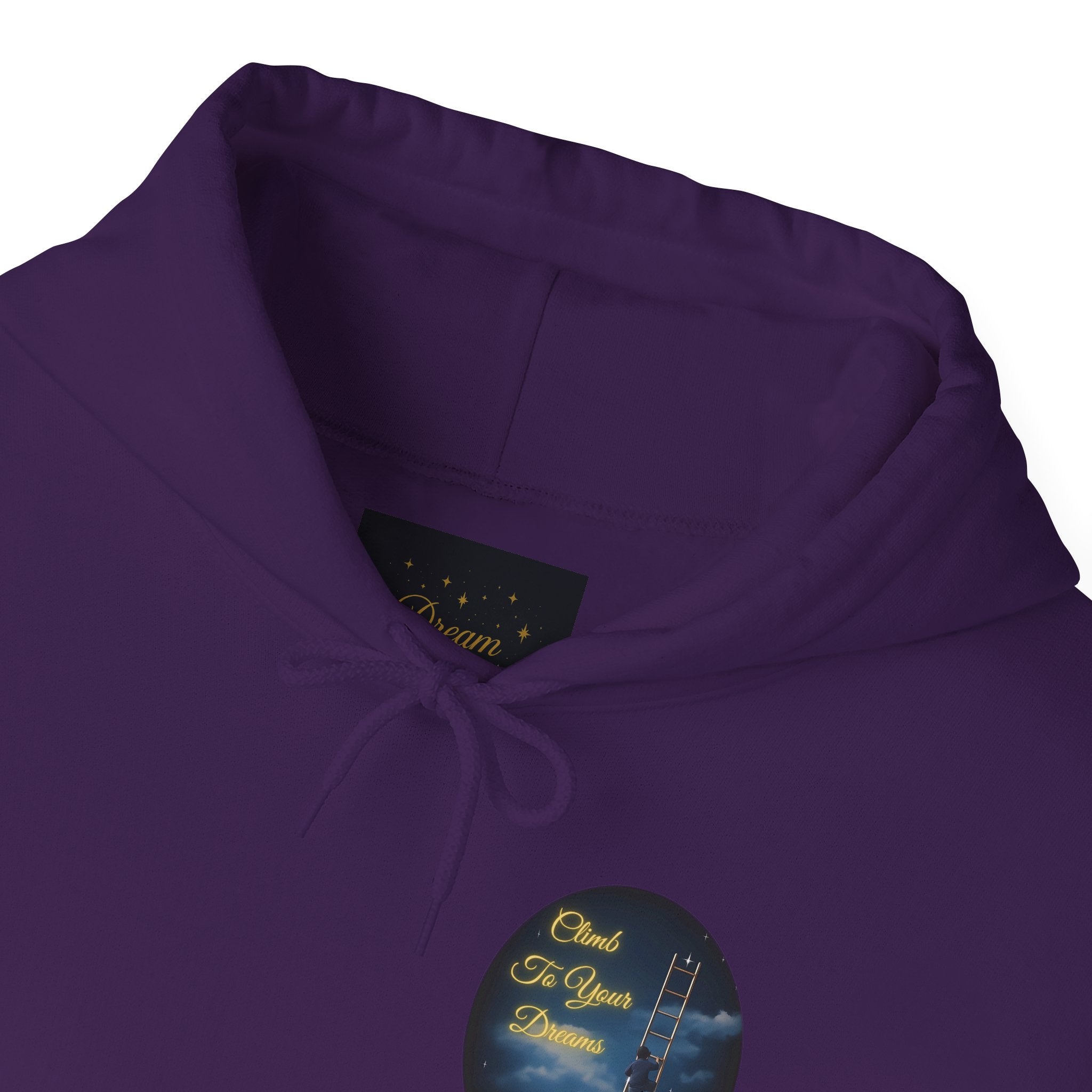 Climb To Your Dreams – Starry Night Ladder-to-Moon Back-Print Hoodie + Front Badge | Gildan 18500, Inspirational and Motivational Apparel, Gift for Dreamers, Creative Expression Wear