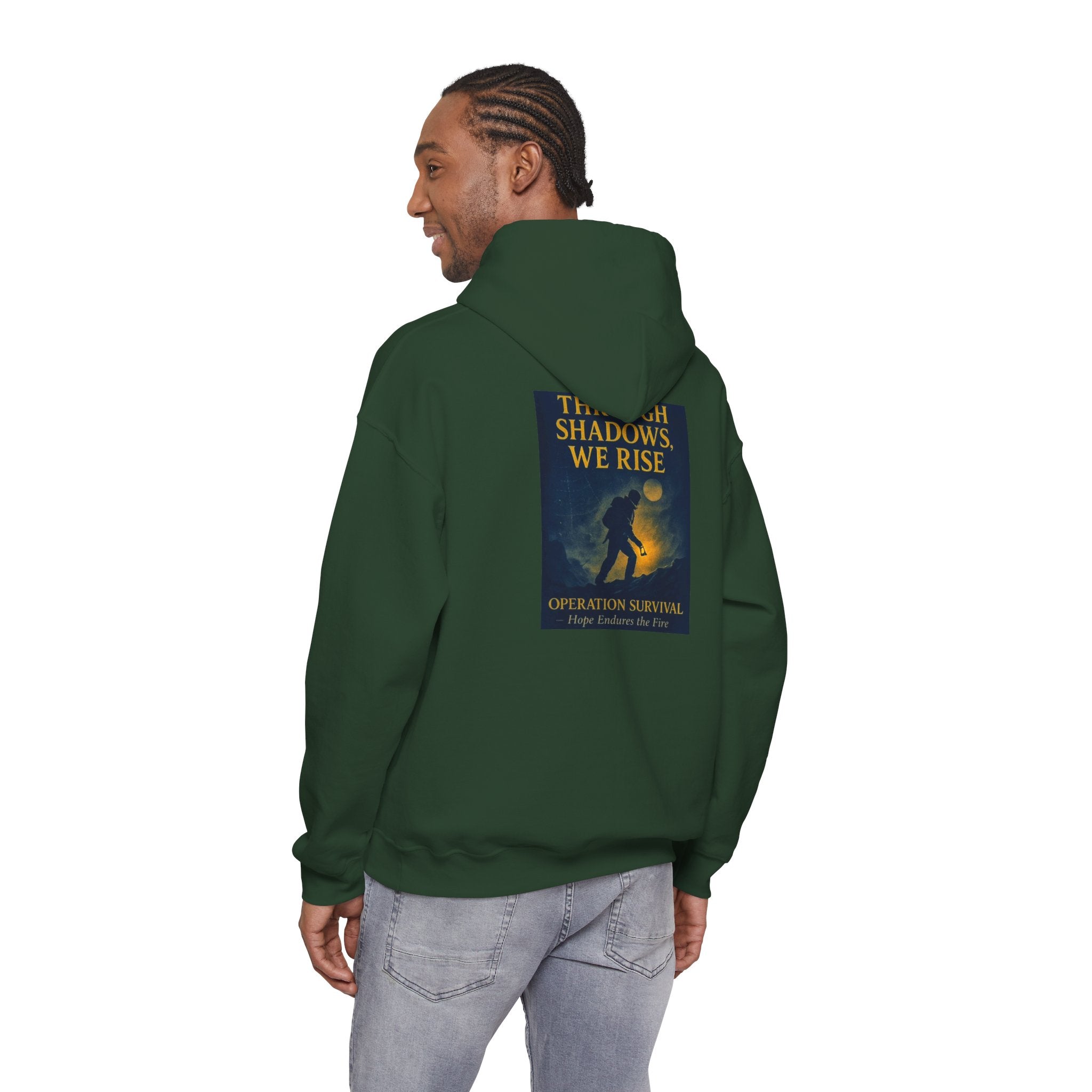 Through Shadows, We Rise – Back-print Cinematic Artwork Operation Survival Hoodie  | Gildan Heavy Blend™ 18500 — Inspirational and Motivational Apparel, Gift for Dreamers, Creative Expression Wear
