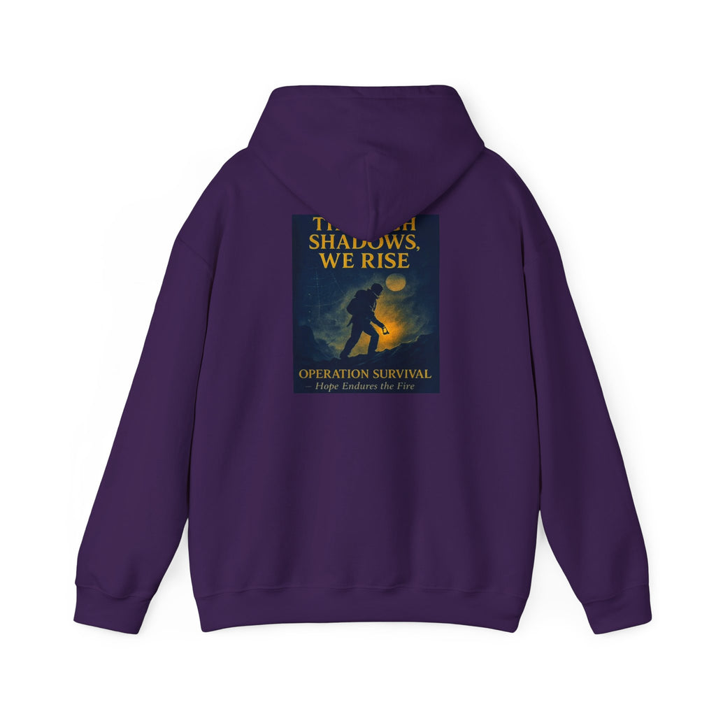 Through Shadows, We Rise – Back-print Cinematic Artwork Operation Survival Hoodie  | Gildan Heavy Blend™ 18500 — Inspirational and Motivational Apparel, Gift for Dreamers, Creative Expression Wear