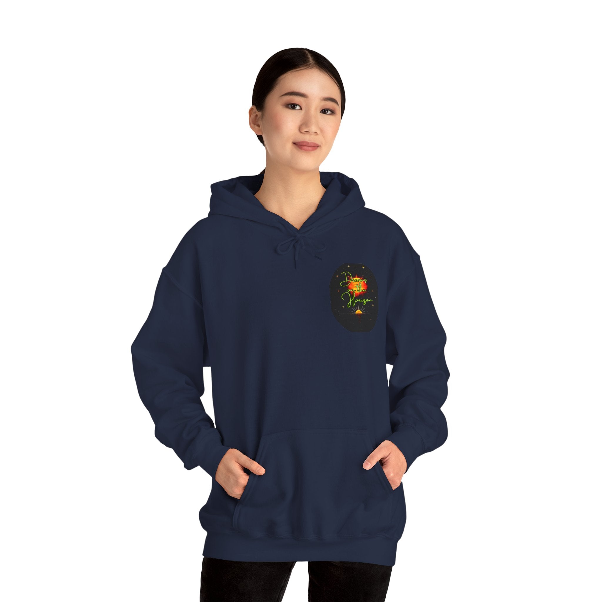 Dreams on the Horizon (Lemongrass) Sunrise Back Print Hooded Sweatshirt, Inspirational and Motivational Apparel, Gift for Dreamers, Creative Expression Wear