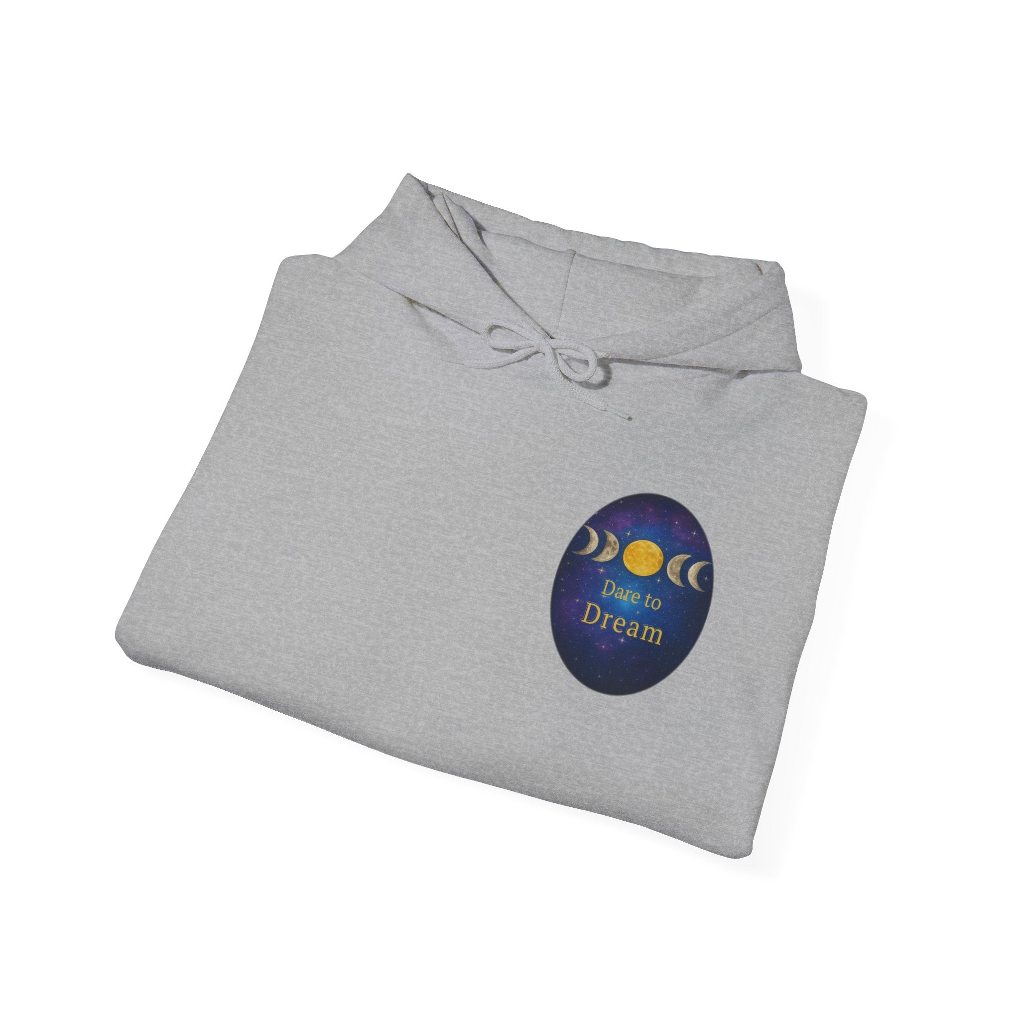 Dare to Dream Moon-Phase Hoodie | Back Glow Print + Front Badge | Heavy Blend™, Inspirational and Motivational Apparel, Gift for Dreamers, Creative Expression Wear