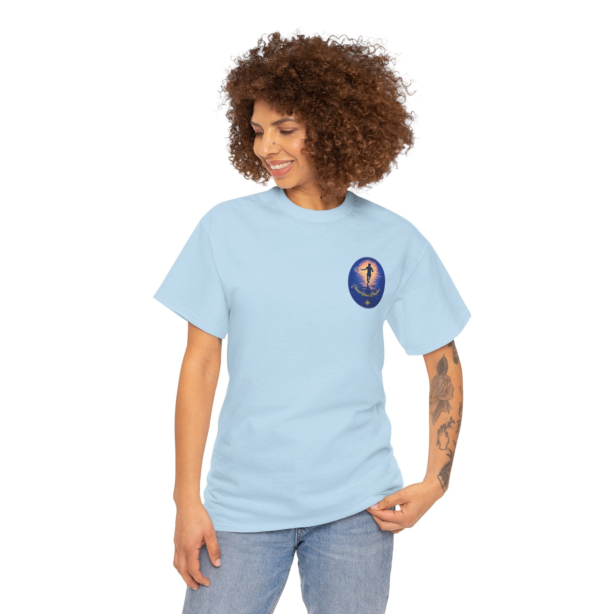 Chase Your Dreams – Sunrise Silhouette Back Printed Heavy Cotton Tee, Inspirational and Motivational Apparel, Gift for Dreamers, Creative Expression Wear