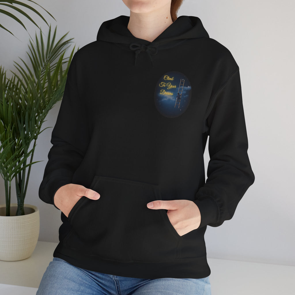 Climb To Your Dreams – Starry Night Ladder-to-Moon Back-Print Hoodie + Front Badge | Gildan 18500, Inspirational and Motivational Apparel, Gift for Dreamers, Creative Expression Wear