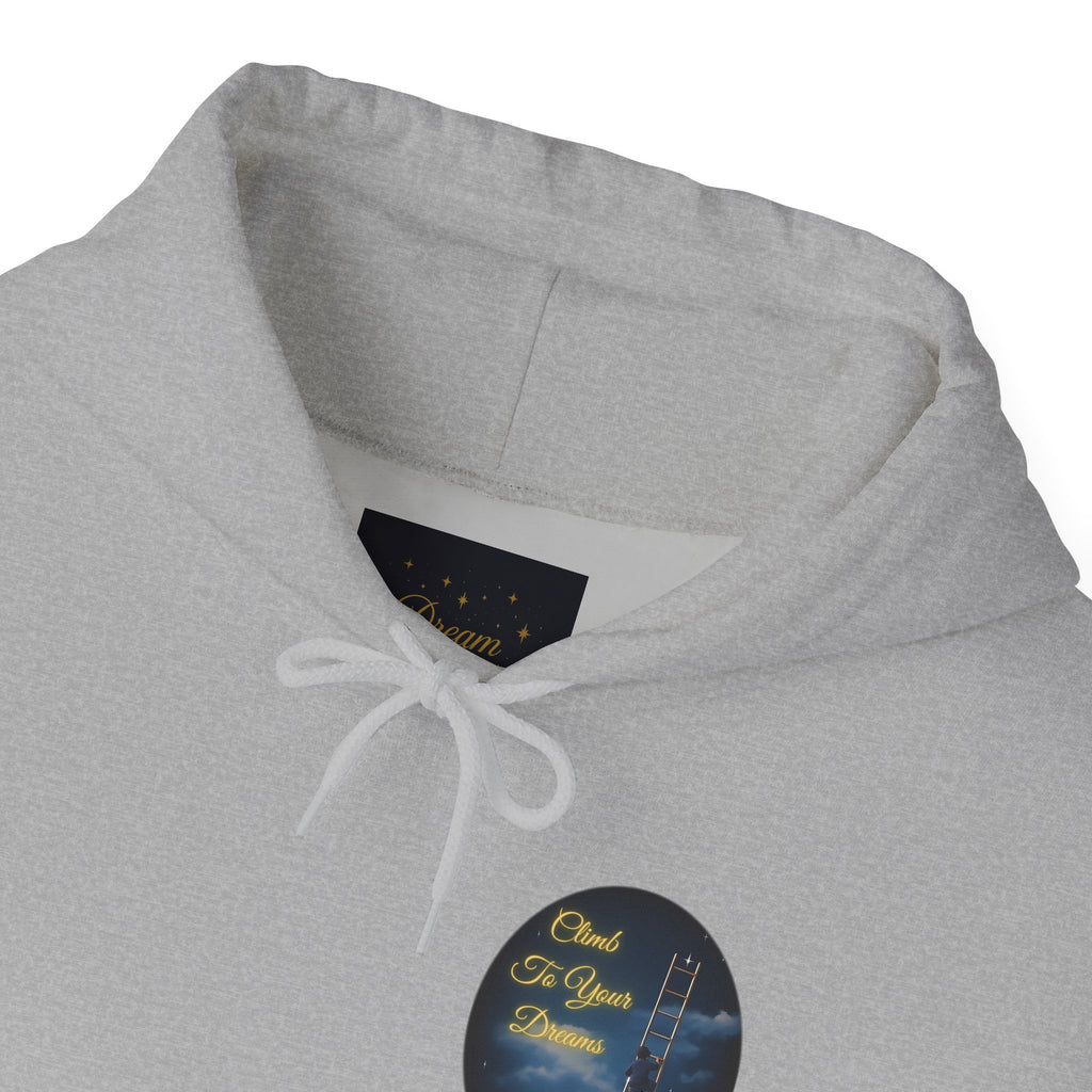 Climb To Your Dreams – Starry Night Ladder-to-Moon Back-Print Hoodie + Front Badge | Gildan 18500, Inspirational and Motivational Apparel, Gift for Dreamers, Creative Expression Wear