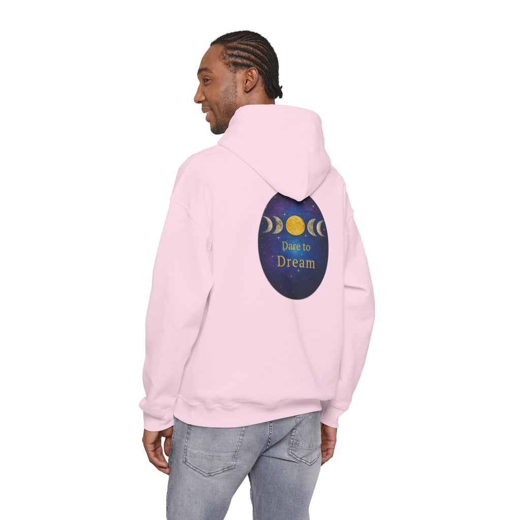 Dare to Dream Moon-Phase Hoodie | Back Glow Print + Front Badge | Heavy Blend™, Inspirational and Motivational Apparel, Gift for Dreamers, Creative Expression Wear