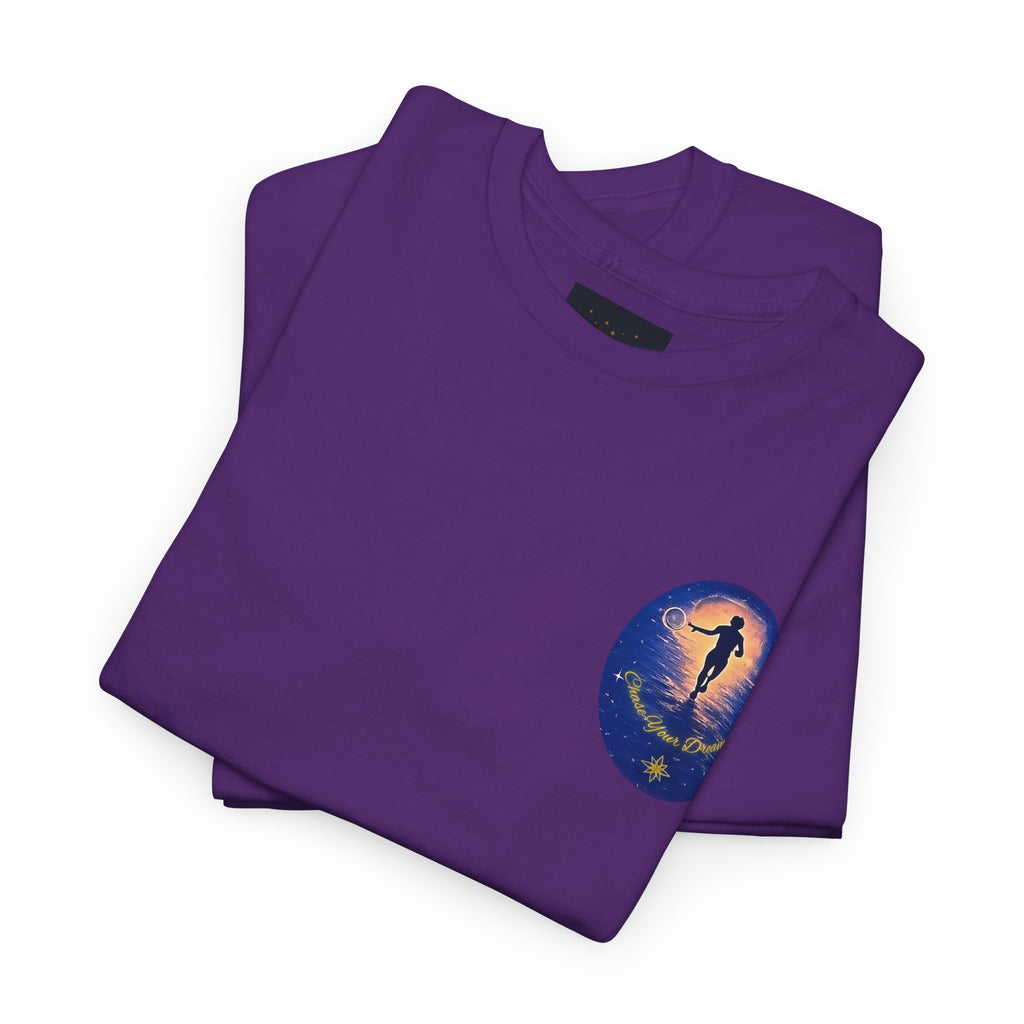 Chase Your Dreams – Sunrise Silhouette Back Printed Heavy Cotton Tee, Inspirational and Motivational Apparel, Gift for Dreamers, Creative Expression Wear