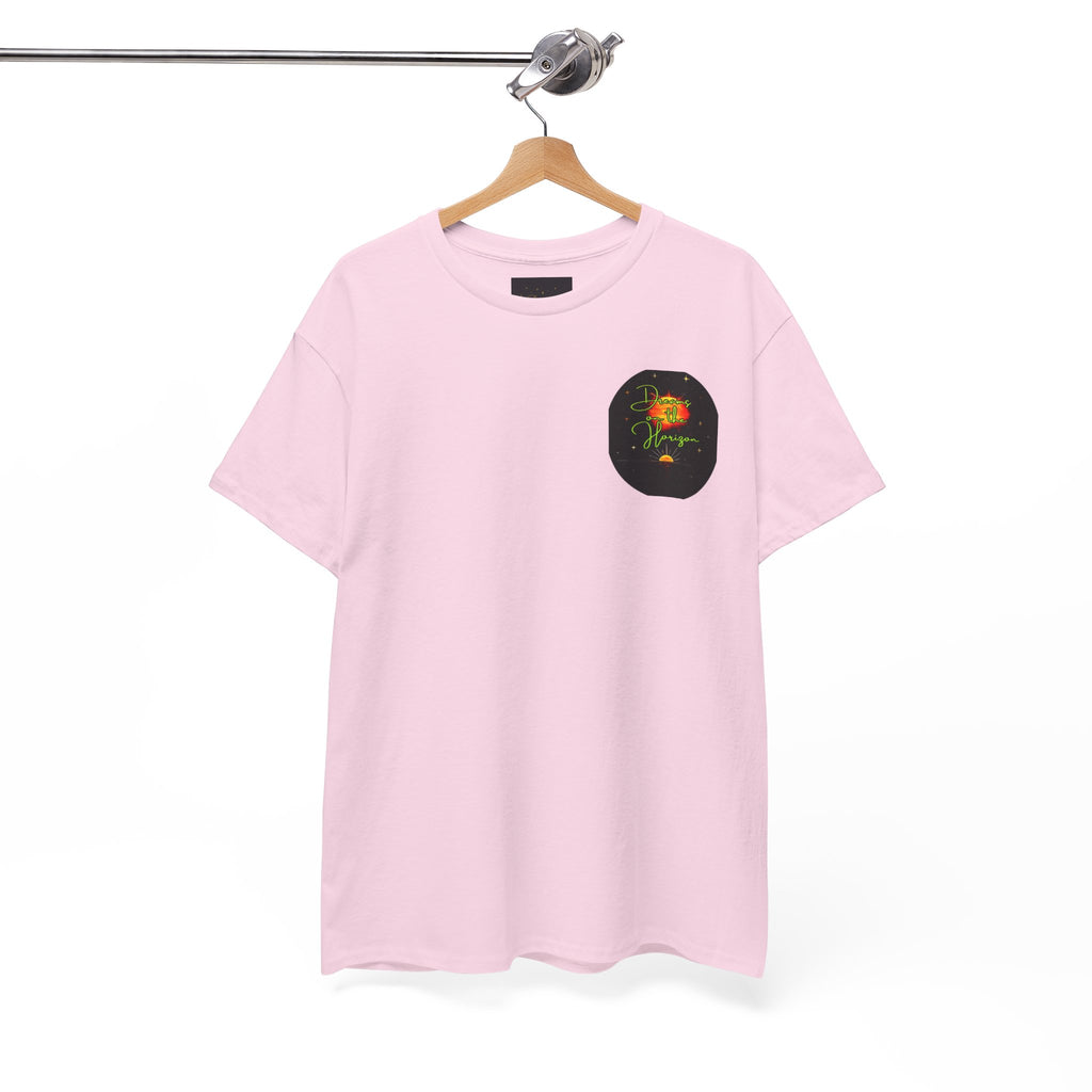 Dreams on the Horizon (Lemongrass) – Sunrise Back-Print Heavy Cotton Tee, Inspirational and Motivational Apparel, Gift for Dreamers, Creative Expression Wear