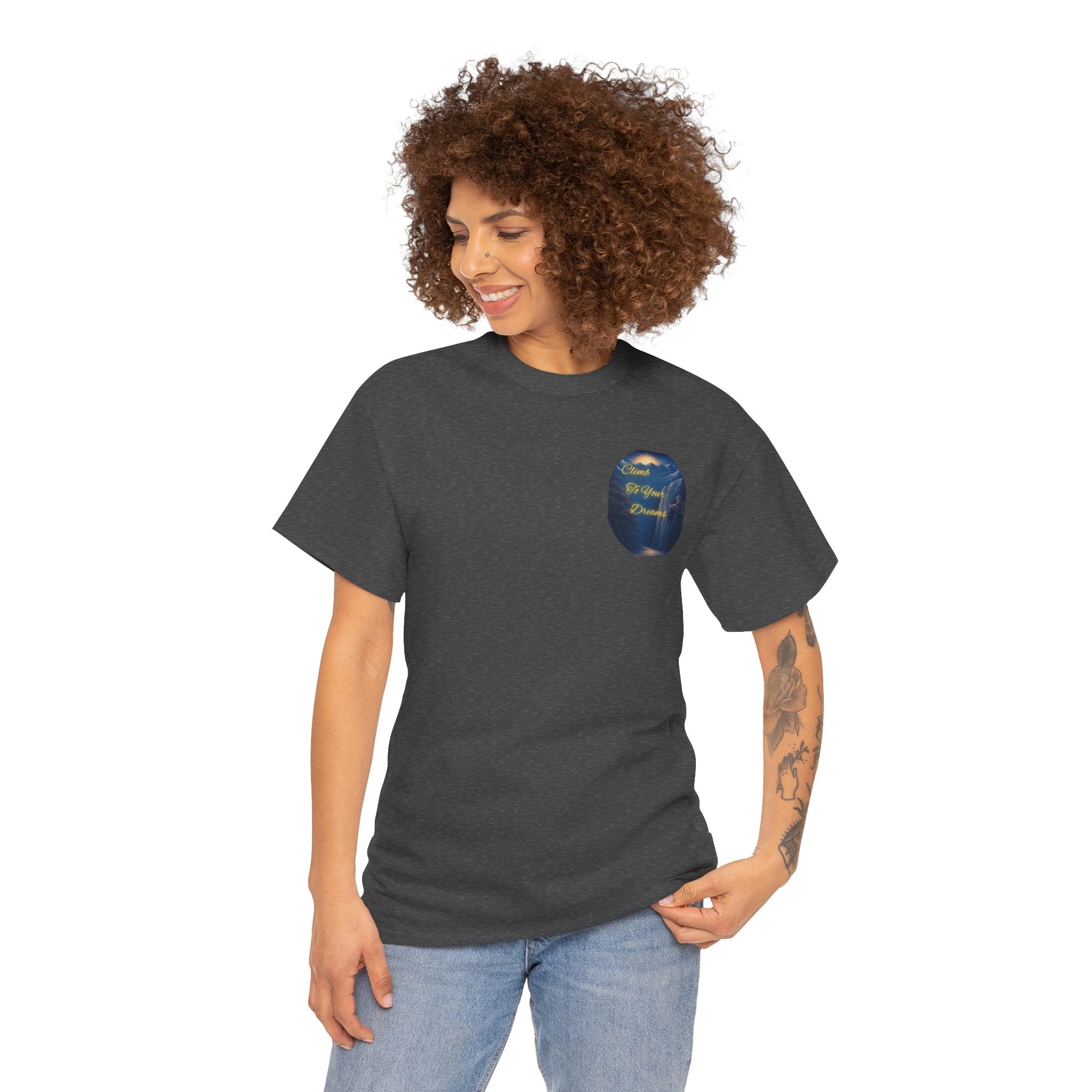 Climb To Your Dreams – Rock Climber Back-Print Tee + Front Badge | Gildan 5000, Inspirational and Motivational Apparel, Gift for Dreamers, Creative Expression Wear