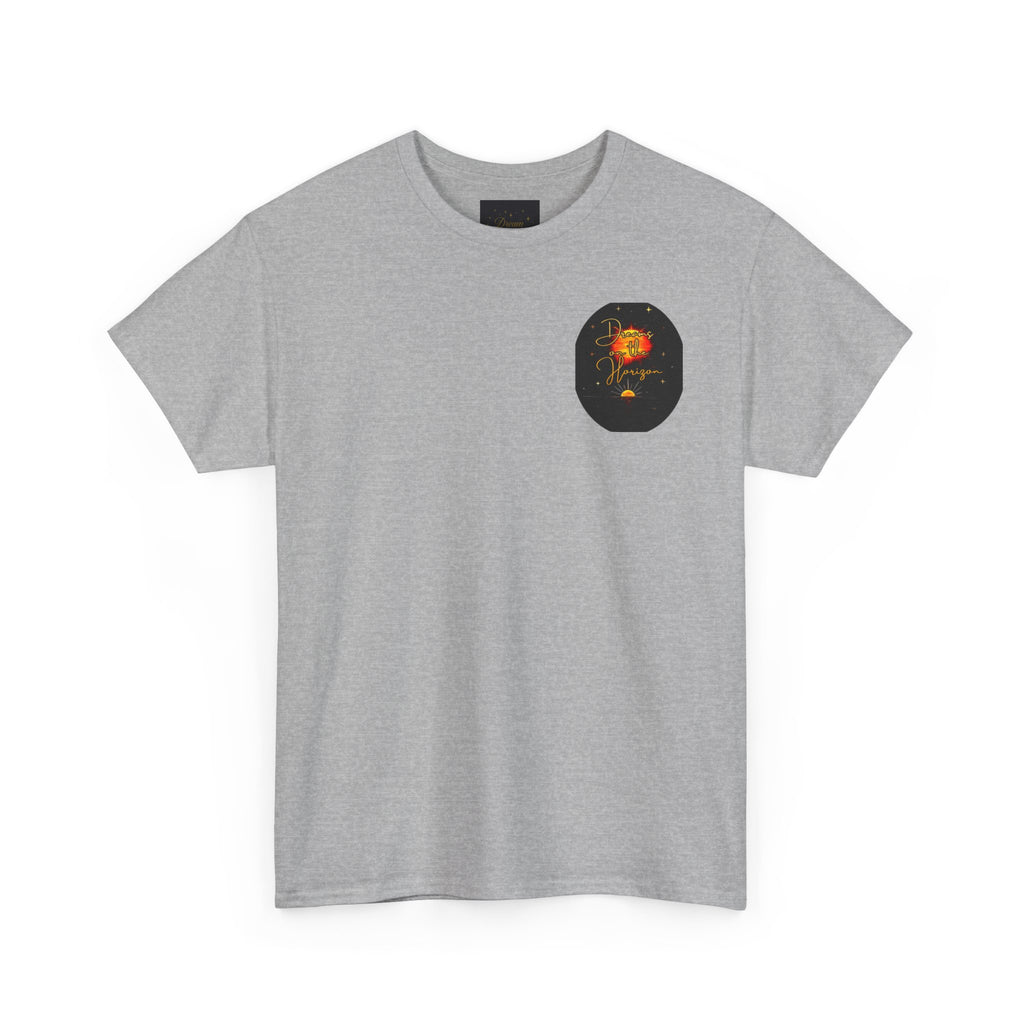 Dreams on the Horizon – Sunrise Back-Print Heavy Cotton Tee, Inspirational and Motivational Apparel, Gift for Dreamers, Creative Expression Wear