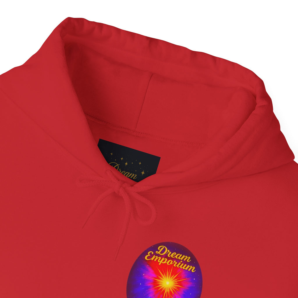 Dream Emporium – Back Printed Radiant Starburst Heavy Blend™ Hooded Sweatshirt, Inspirational and Motivational Apparel, Gift for Dreamers, Creative Expression Wear