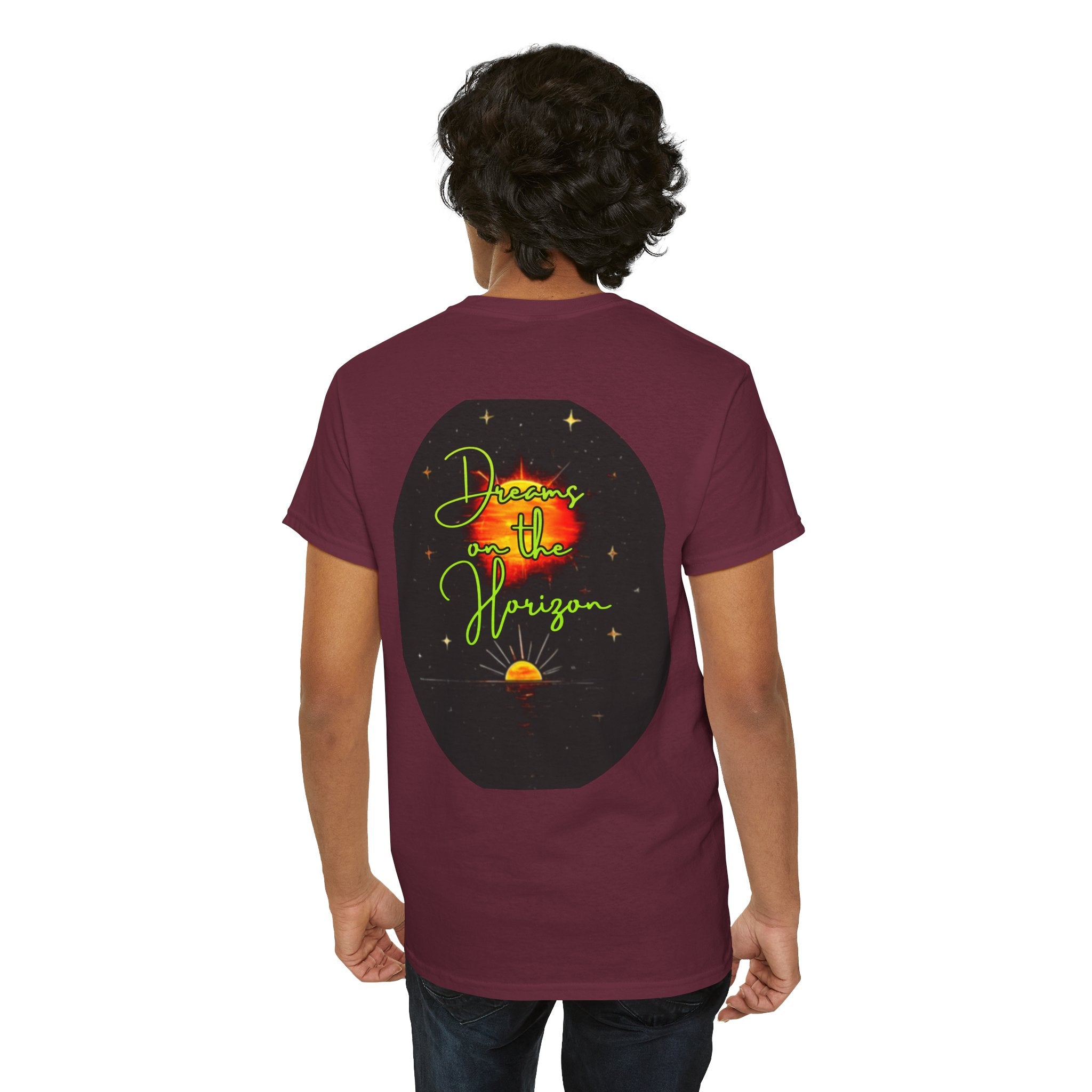Dreams on the Horizon (Lemongrass) – Sunrise Back-Print Heavy Cotton Tee, Inspirational and Motivational Apparel, Gift for Dreamers, Creative Expression Wear