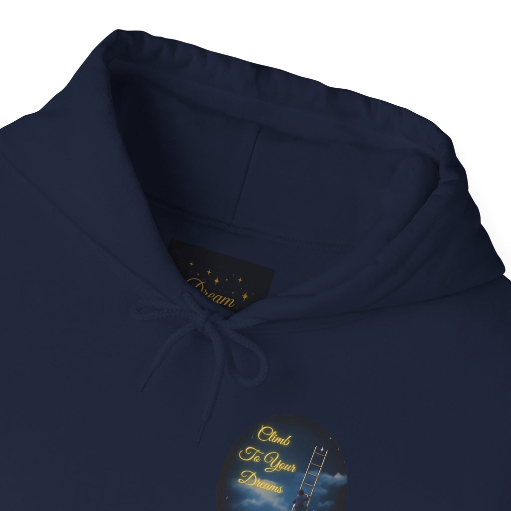 Climb To Your Dreams – Starry Night Ladder-to-Moon Back-Print Hoodie + Front Badge | Gildan 18500, Inspirational and Motivational Apparel, Gift for Dreamers, Creative Expression Wear