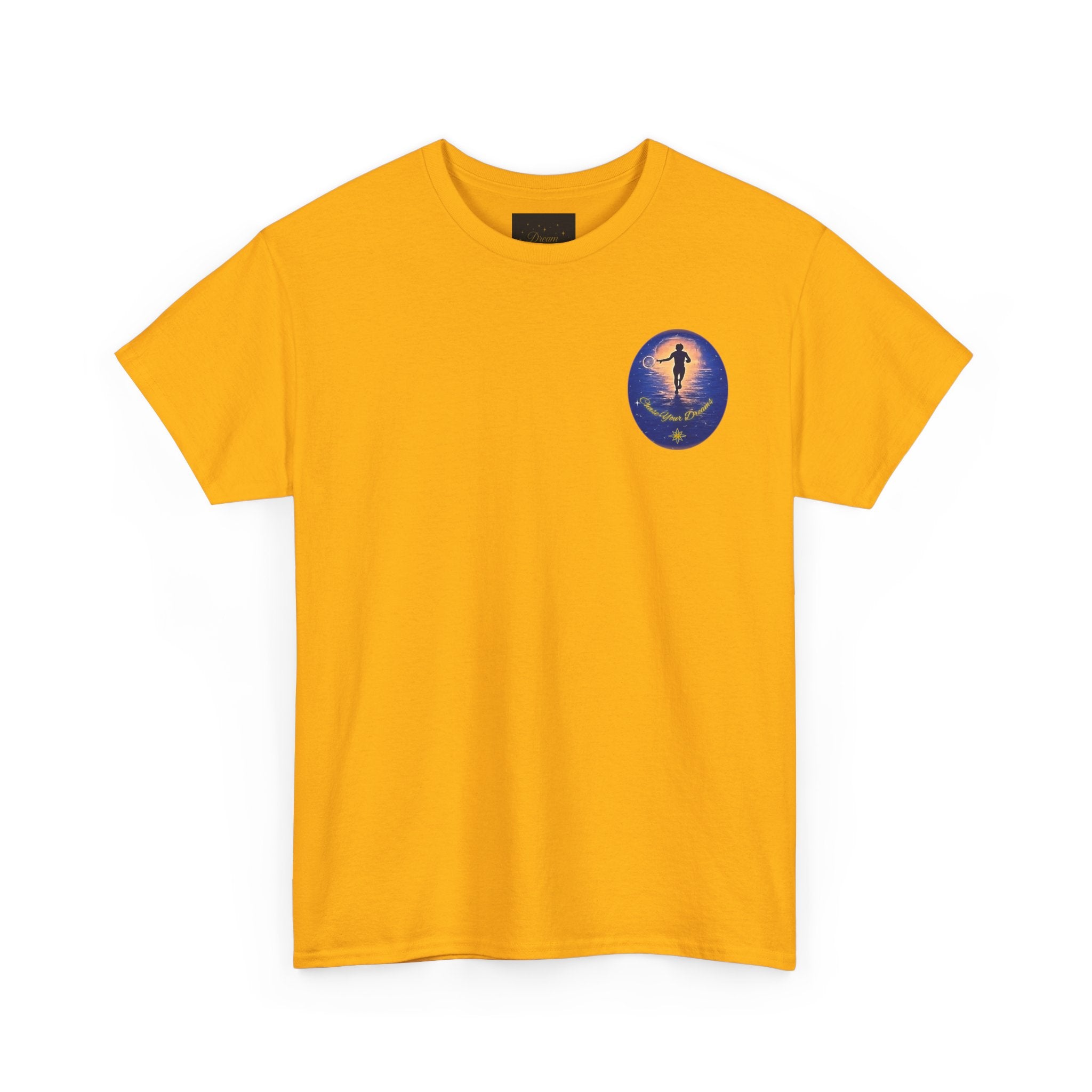 Chase Your Dreams – Sunrise Silhouette Back Printed Heavy Cotton Tee, Inspirational and Motivational Apparel, Gift for Dreamers, Creative Expression Wear