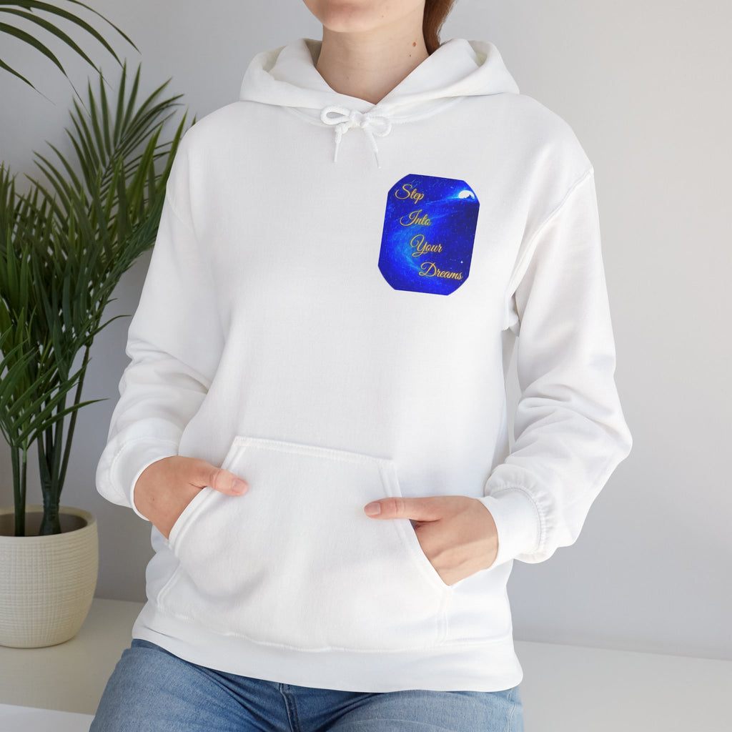 Step Into Your Dreams – Cosmic Gateway Back-print Hoodie | Tiny front badge | Gildan Heavy Blend™. Inspirational and Motivational Apparel, Gift for Dreamers, Creative Expression