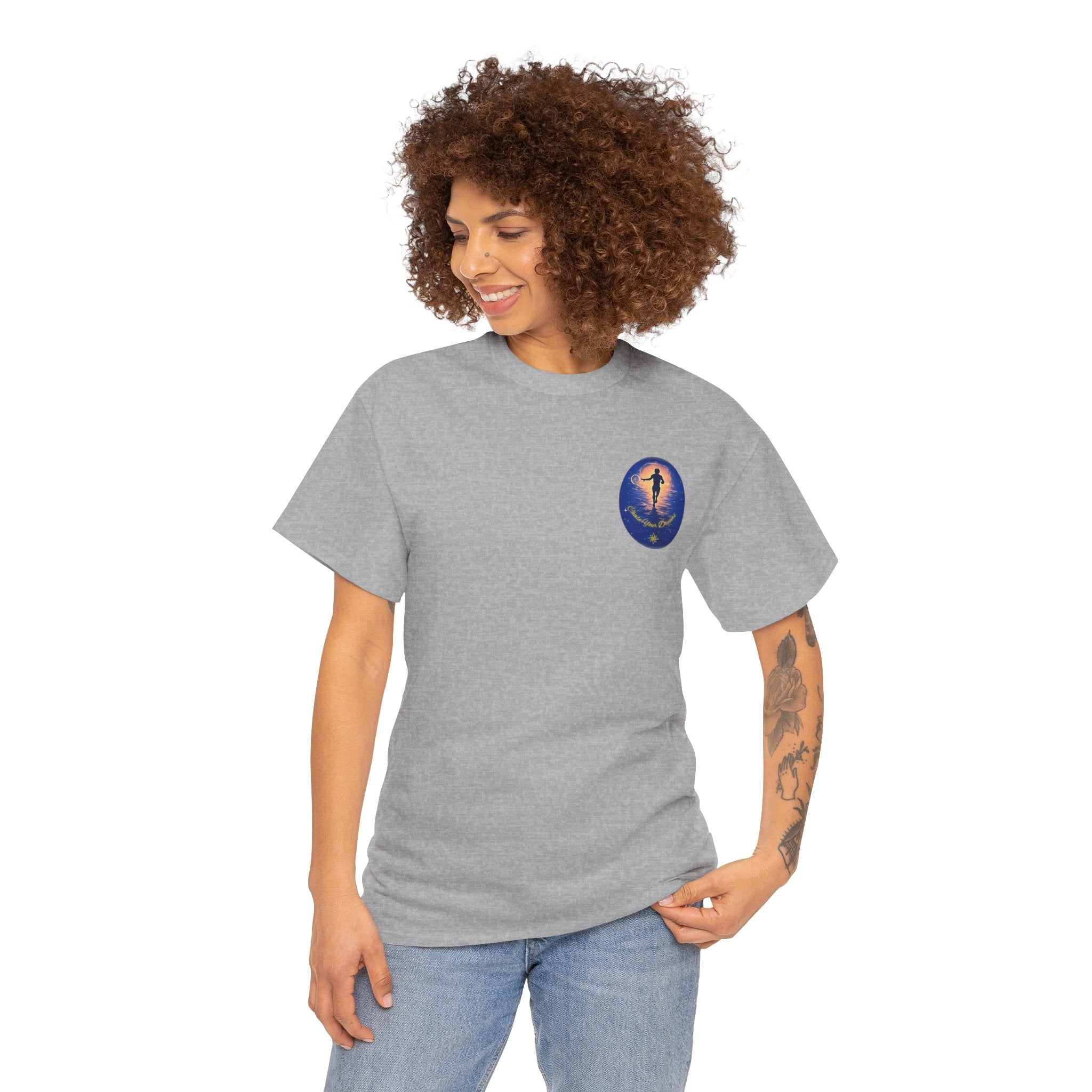Chase Your Dreams – Sunrise Silhouette Back Printed Heavy Cotton Tee, Inspirational and Motivational Apparel, Gift for Dreamers, Creative Expression Wear
