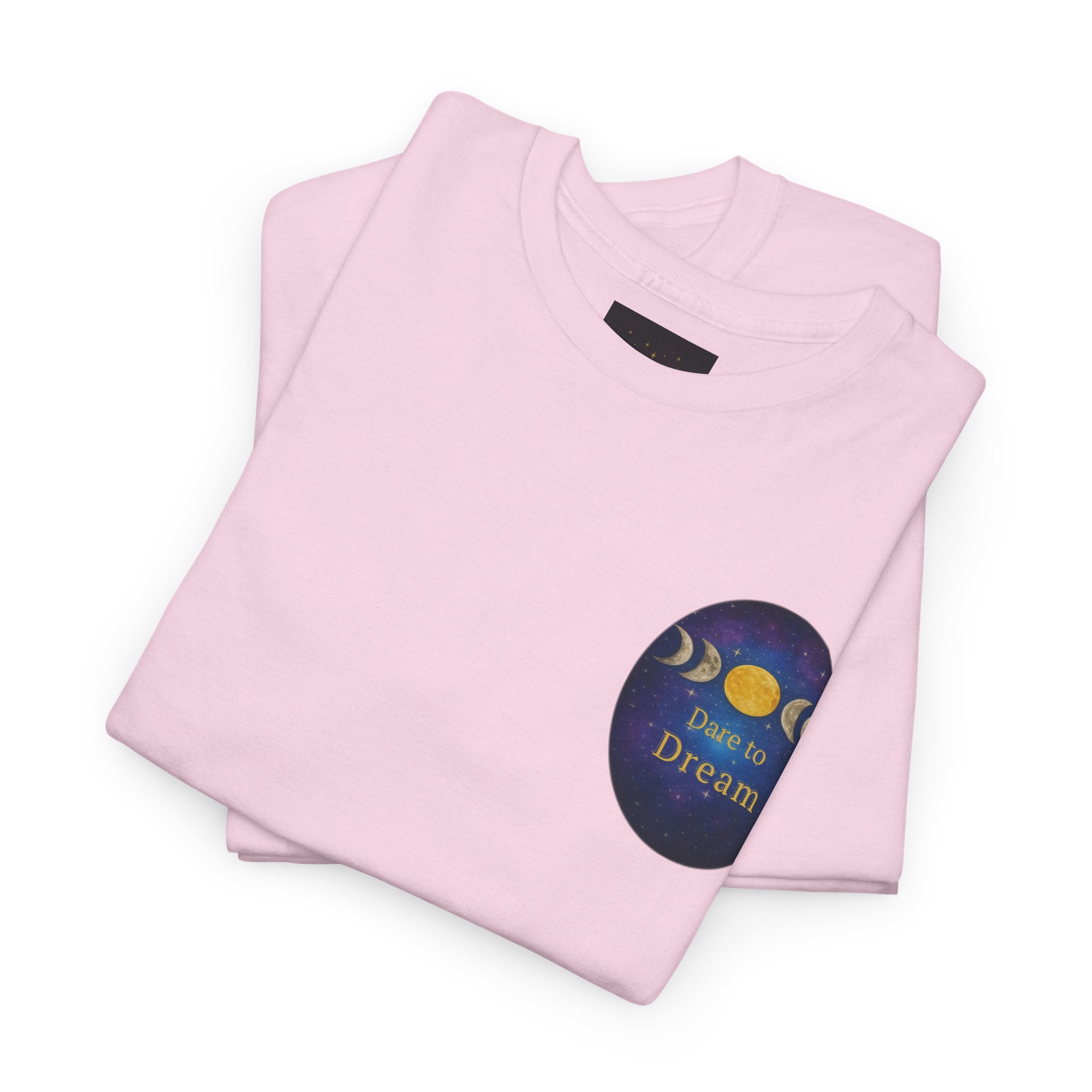 Dare to Dream Moon-Phase Tee – Golden Full Moon Back Print + Front Badge | Gildan 5000 Heavy Cotton, Inspirational and Motivational Apparel, Gift for Dreamers, Creative Expression Wear