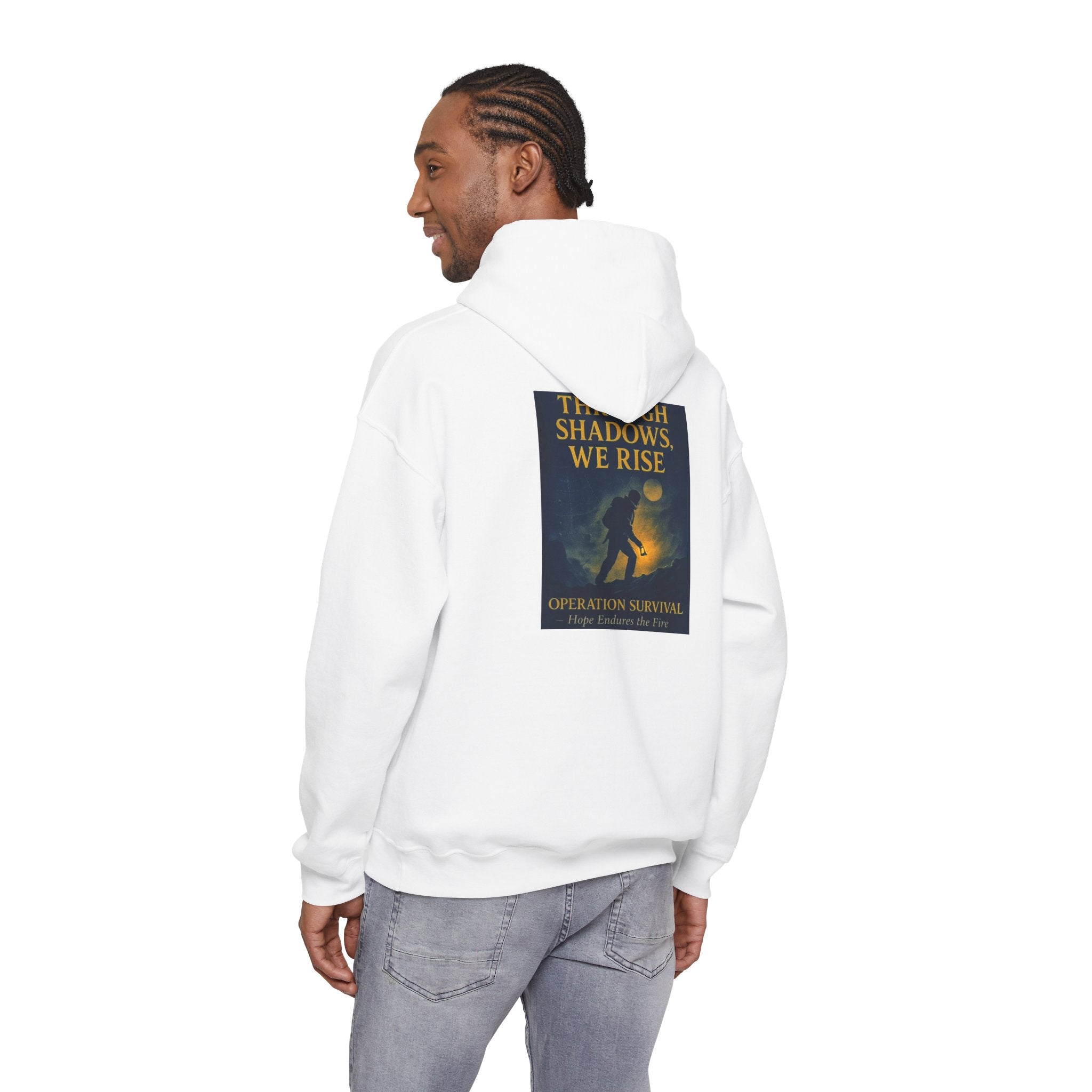 Through Shadows, We Rise – Back-print Cinematic Artwork Operation Survival Hoodie  | Gildan Heavy Blend™ 18500 — Inspirational and Motivational Apparel, Gift for Dreamers, Creative Expression Wear
