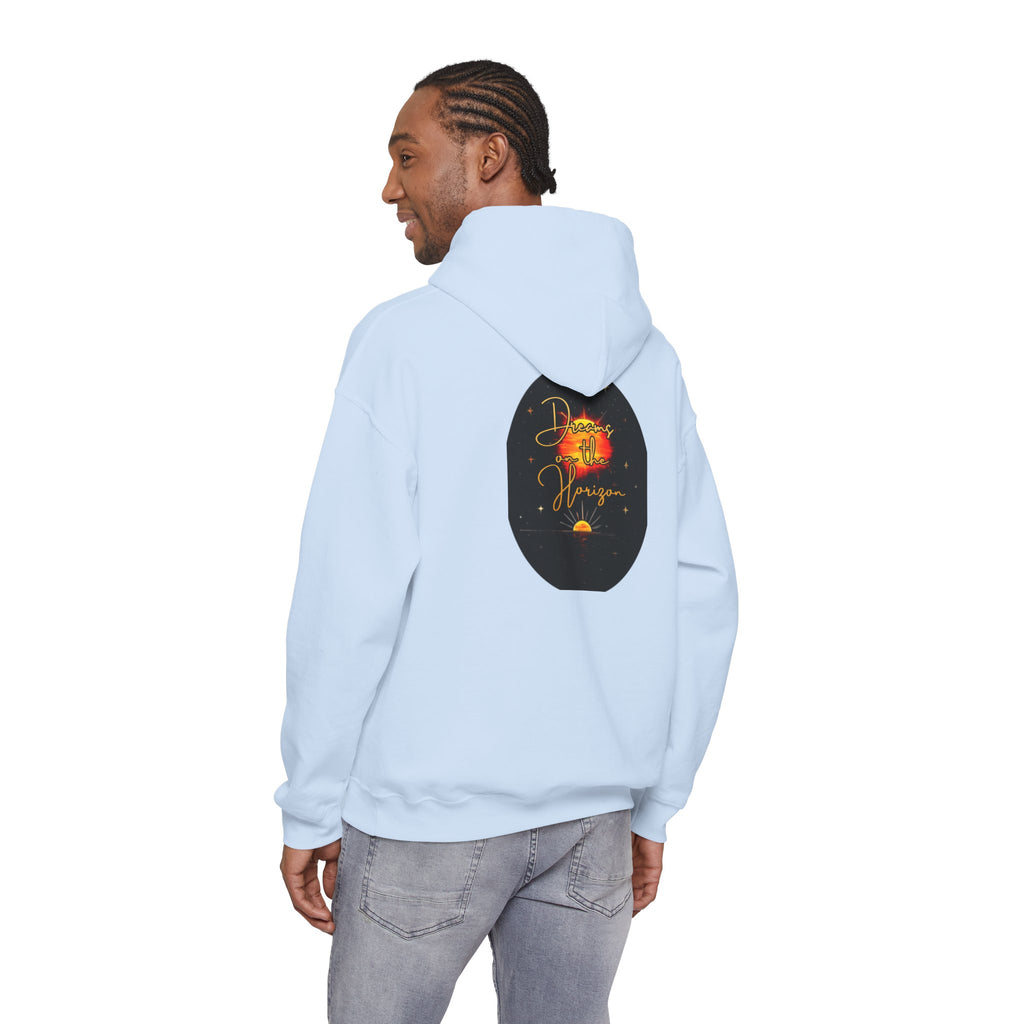 Dreams on the Horizon Sunrise Back Print Hooded Sweatshirt, Inspirational and Motivational Apparel, Gift for Dreamers, Creative Expression Wear
