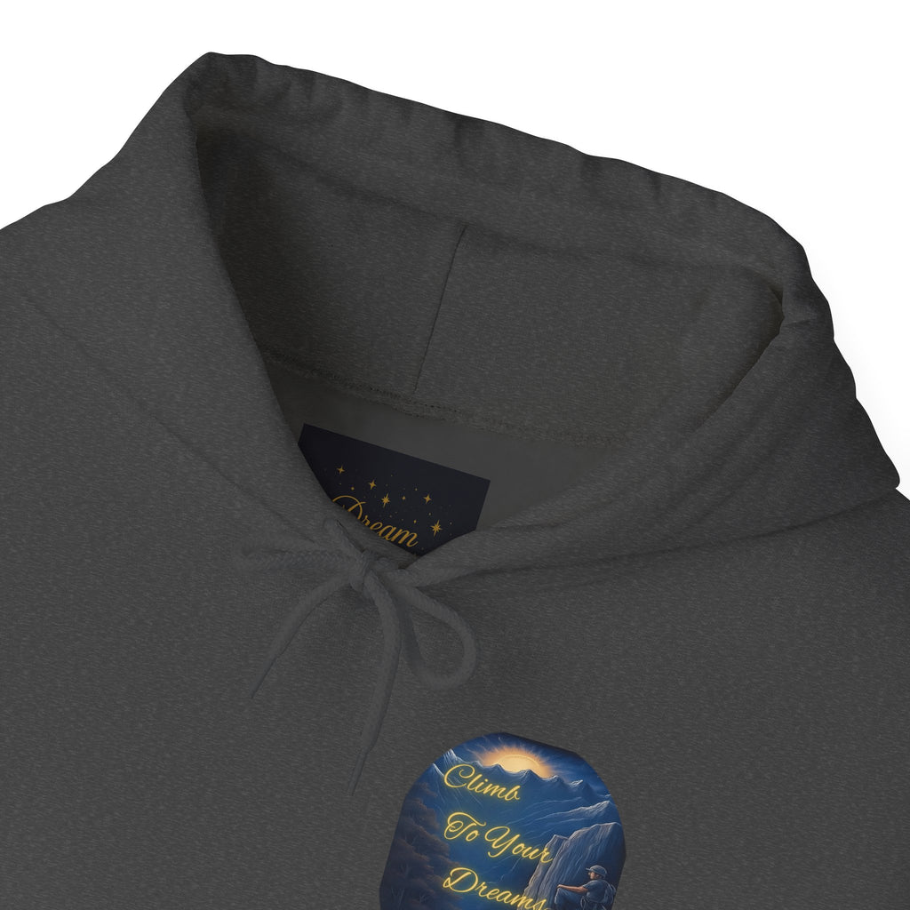 Climb To Your Dreams - Mountain Sunrise Hoodie | Back Glow Print + Front Badge | Heavy Blend™, Inspirational and Motivational Apparel, Gift for Dreamers, Creative Expression Wear