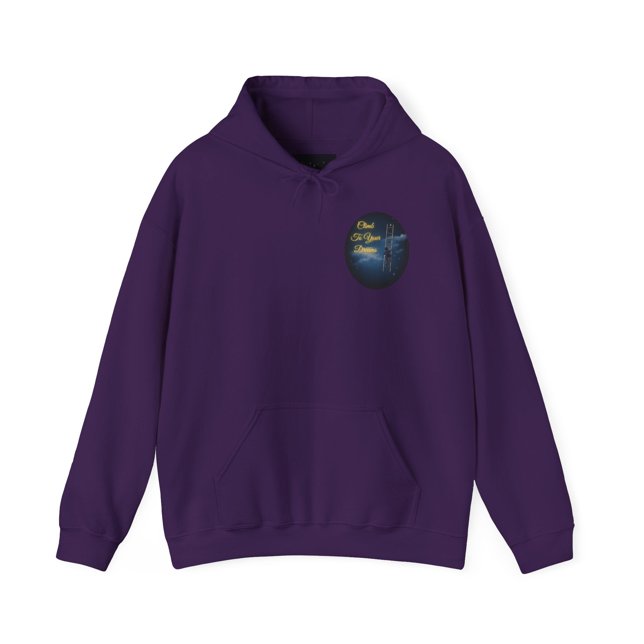 Climb To Your Dreams – Starry Night Ladder-to-Moon Back-Print Hoodie + Front Badge | Gildan 18500, Inspirational and Motivational Apparel, Gift for Dreamers, Creative Expression Wear