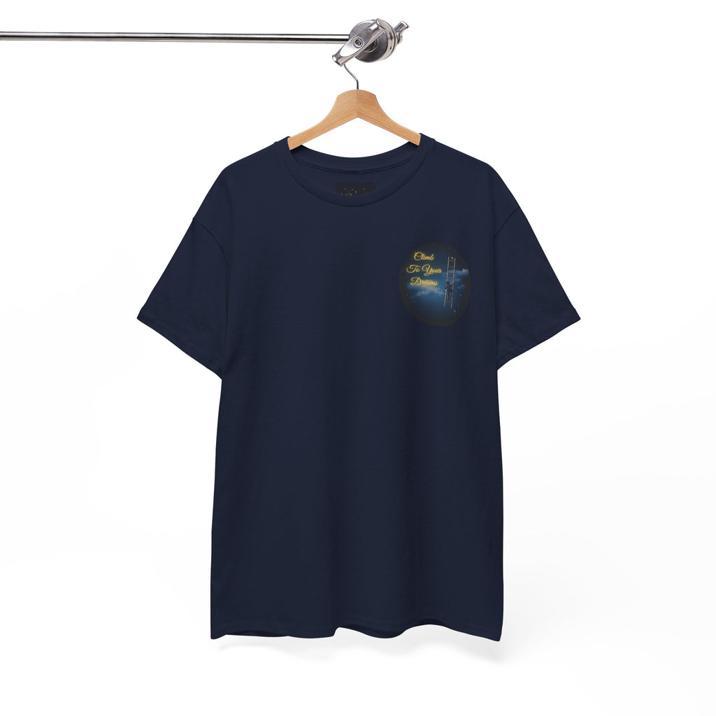 Climb To Your Dreams – Starry Night Ladder Back-Print Tee + Front Badge | Gildan 5000, Inspirational and Motivational Apparel, Gift for Dreamers, Creative Expression Wear