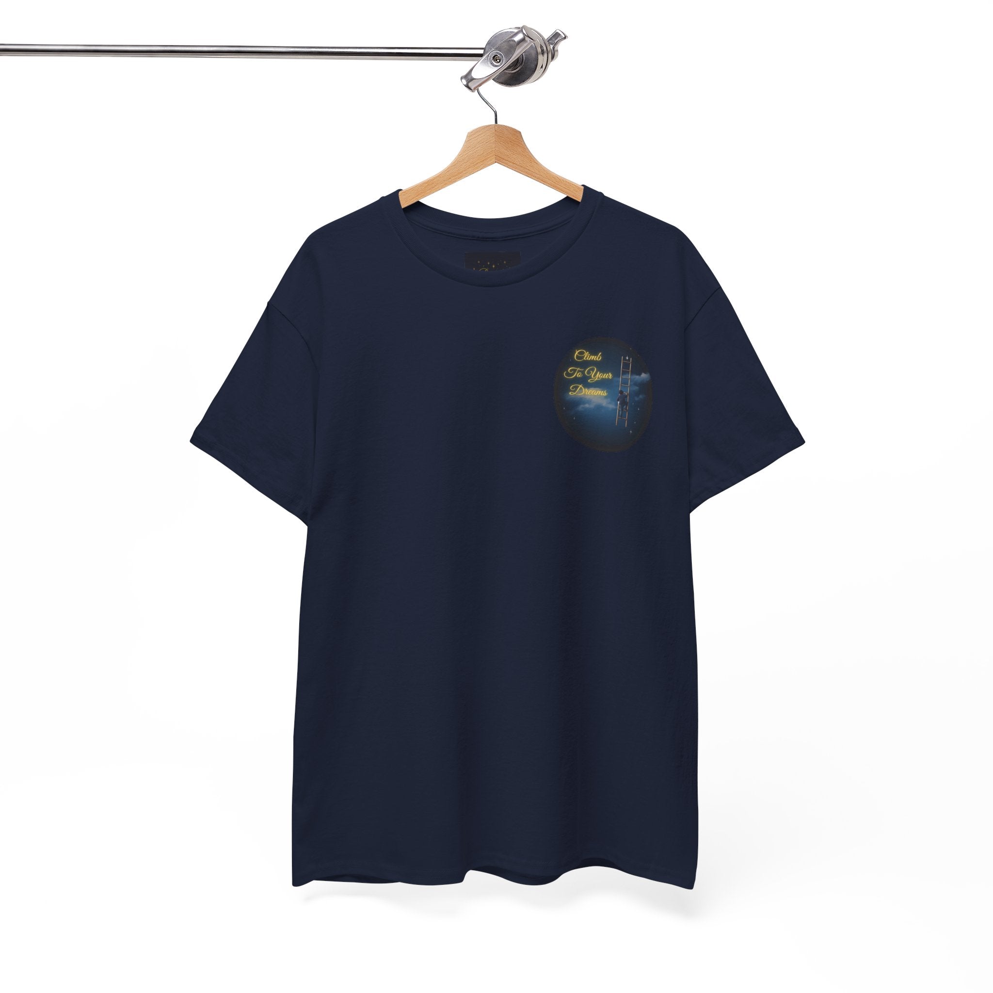 Climb To Your Dreams – Starry Night Ladder Back-Print Tee + Front Badge | Gildan 5000, Inspirational and Motivational Apparel, Gift for Dreamers, Creative Expression Wear