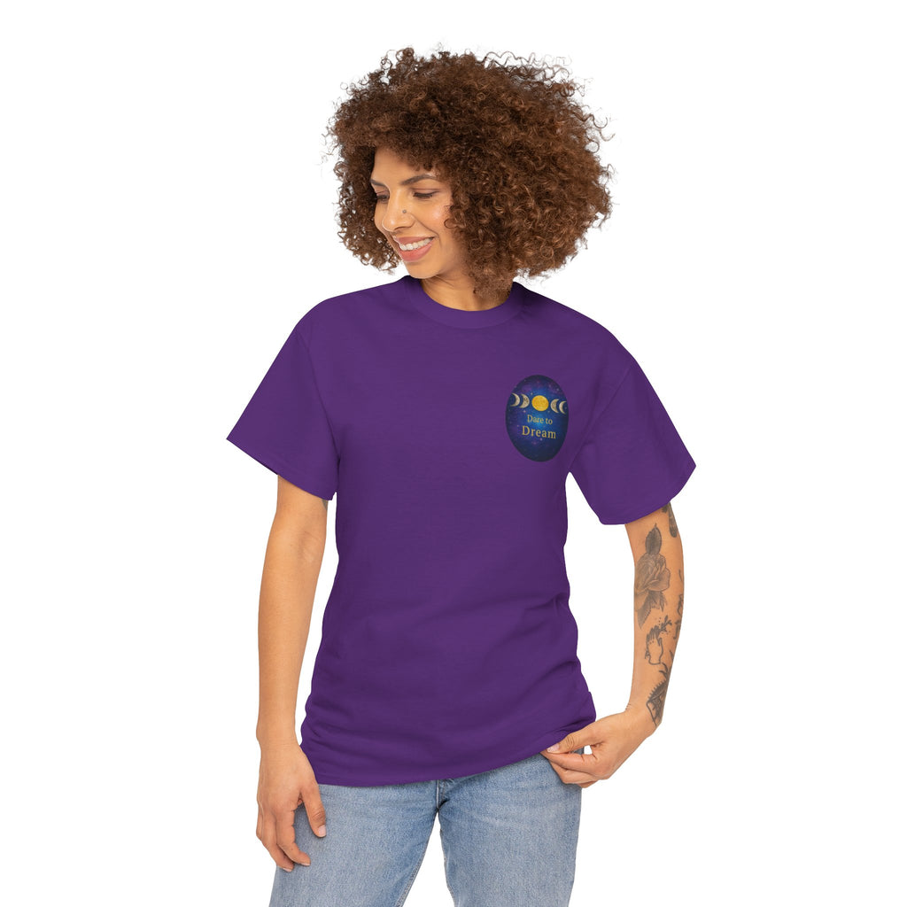 Dare to Dream Moon-Phase Tee – Golden Full Moon Back Print + Front Badge | Gildan 5000 Heavy Cotton, Inspirational and Motivational Apparel, Gift for Dreamers, Creative Expression Wear