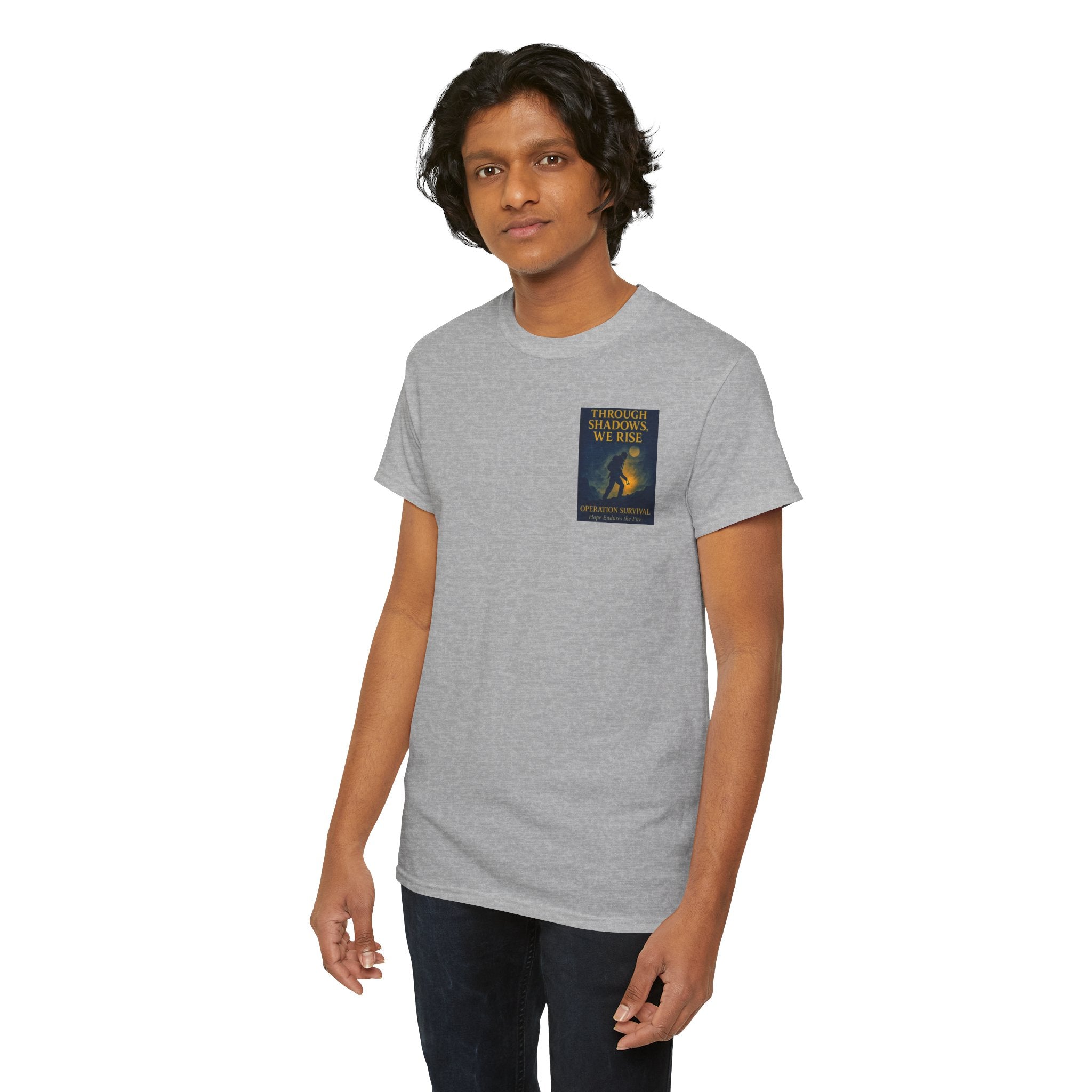 Through Shadows, We Rise - Back-print Cinematic Artwork Operation Survival Tee. Inspirational and Motivational Apparel, Gift for Dreamers, Creative Expression Wear