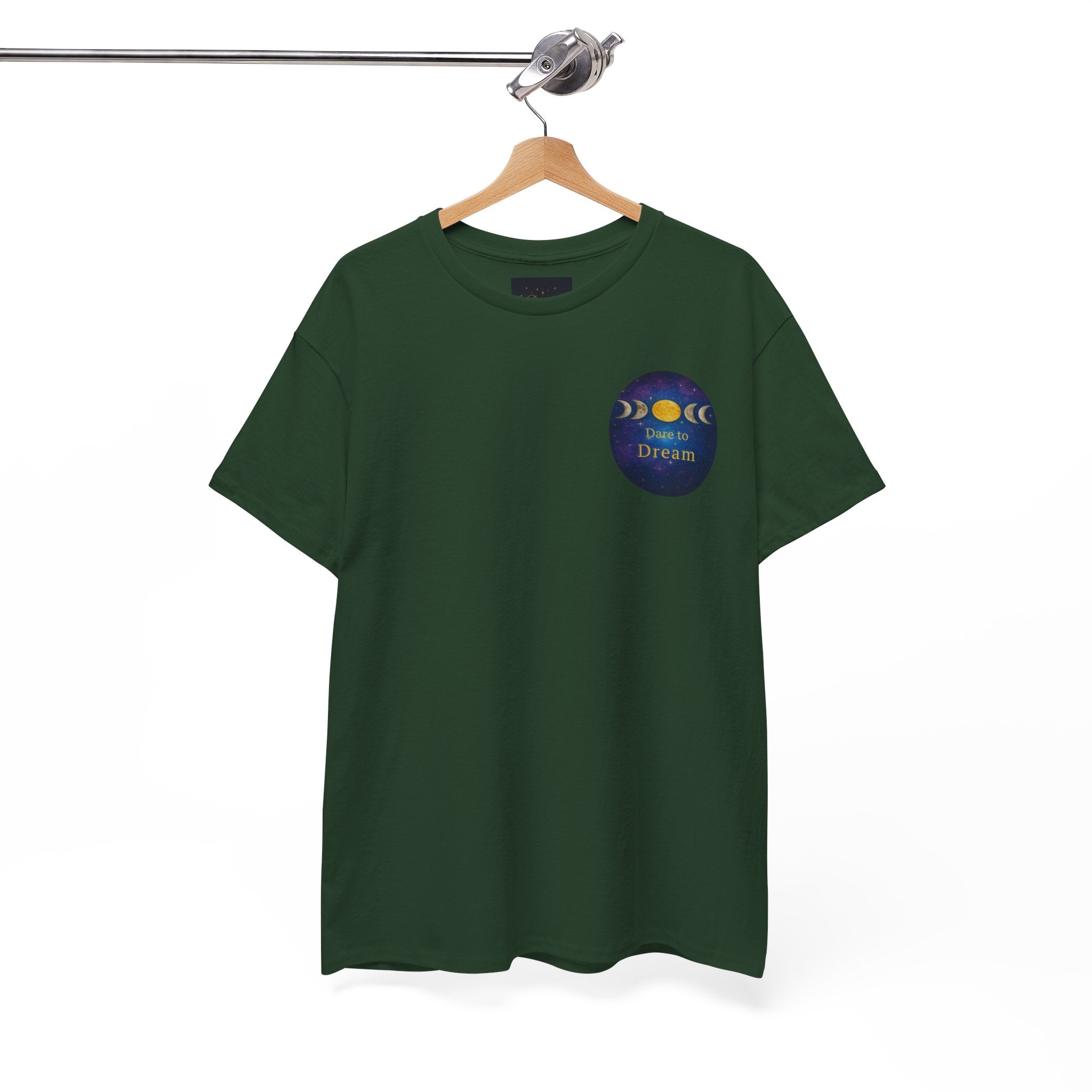 Dare to Dream Moon-Phase Tee – Golden Full Moon Back Print + Front Badge | Gildan 5000 Heavy Cotton, Inspirational and Motivational Apparel, Gift for Dreamers, Creative Expression Wear