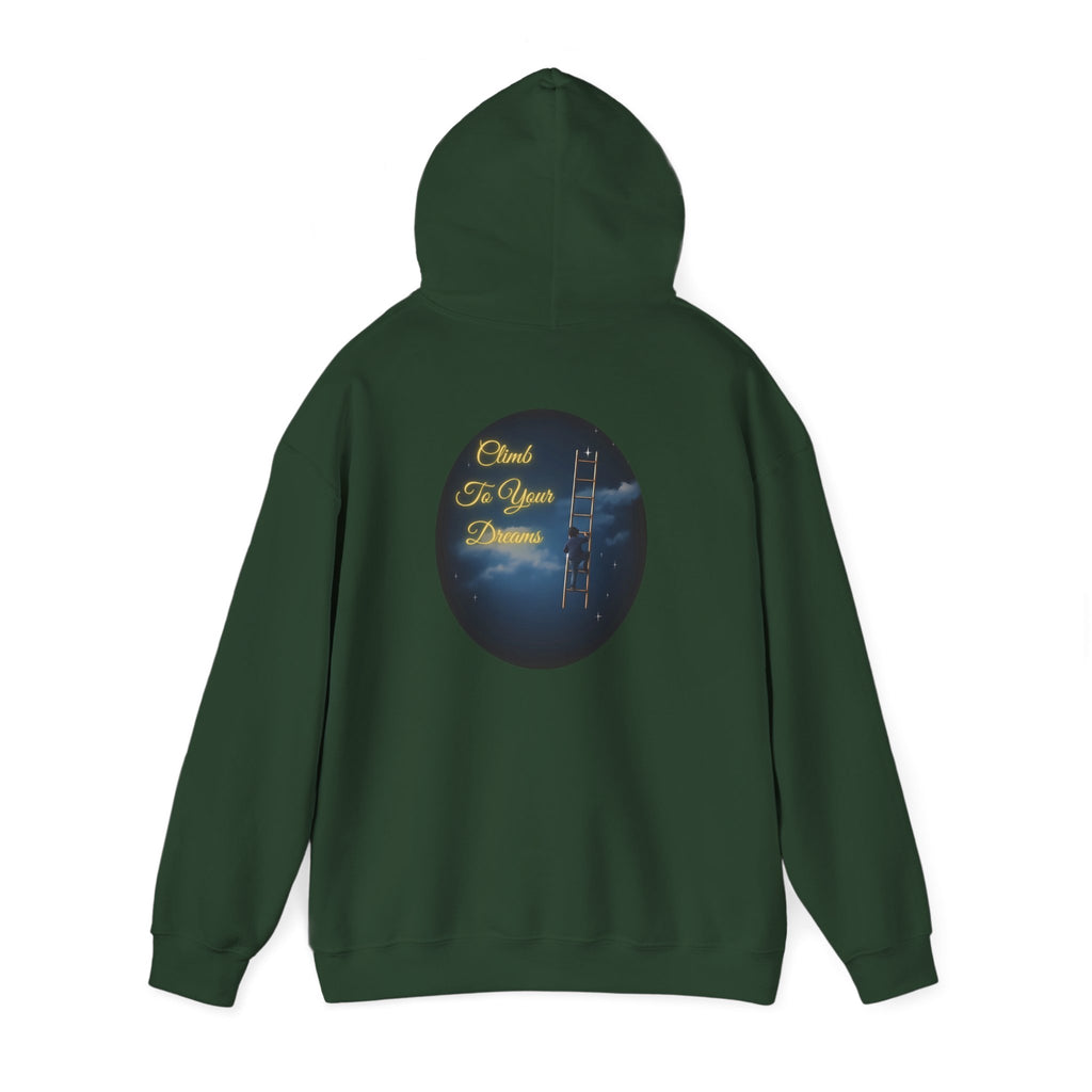 Climb To Your Dreams – Starry Night Ladder-to-Moon Back-Print Hoodie + Front Badge | Gildan 18500, Inspirational and Motivational Apparel, Gift for Dreamers, Creative Expression Wear