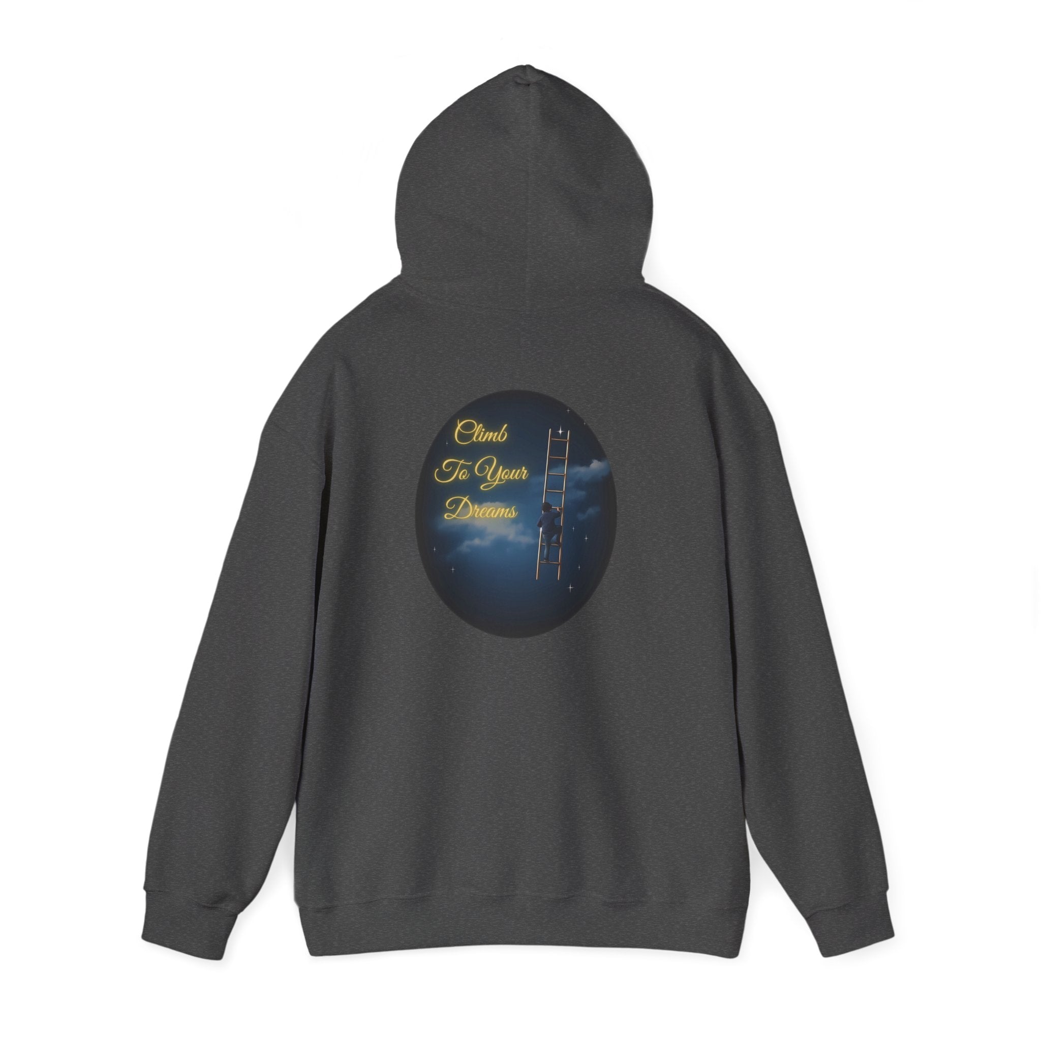 Climb To Your Dreams – Starry Night Ladder-to-Moon Back-Print Hoodie + Front Badge | Gildan 18500, Inspirational and Motivational Apparel, Gift for Dreamers, Creative Expression Wear