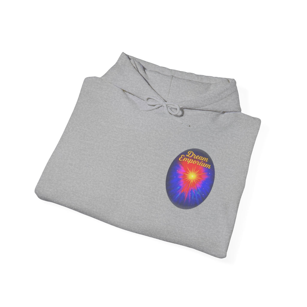 Dream Emporium – Back Printed Radiant Starburst Heavy Blend™ Hooded Sweatshirt, Inspirational and Motivational Apparel, Gift for Dreamers, Creative Expression Wear