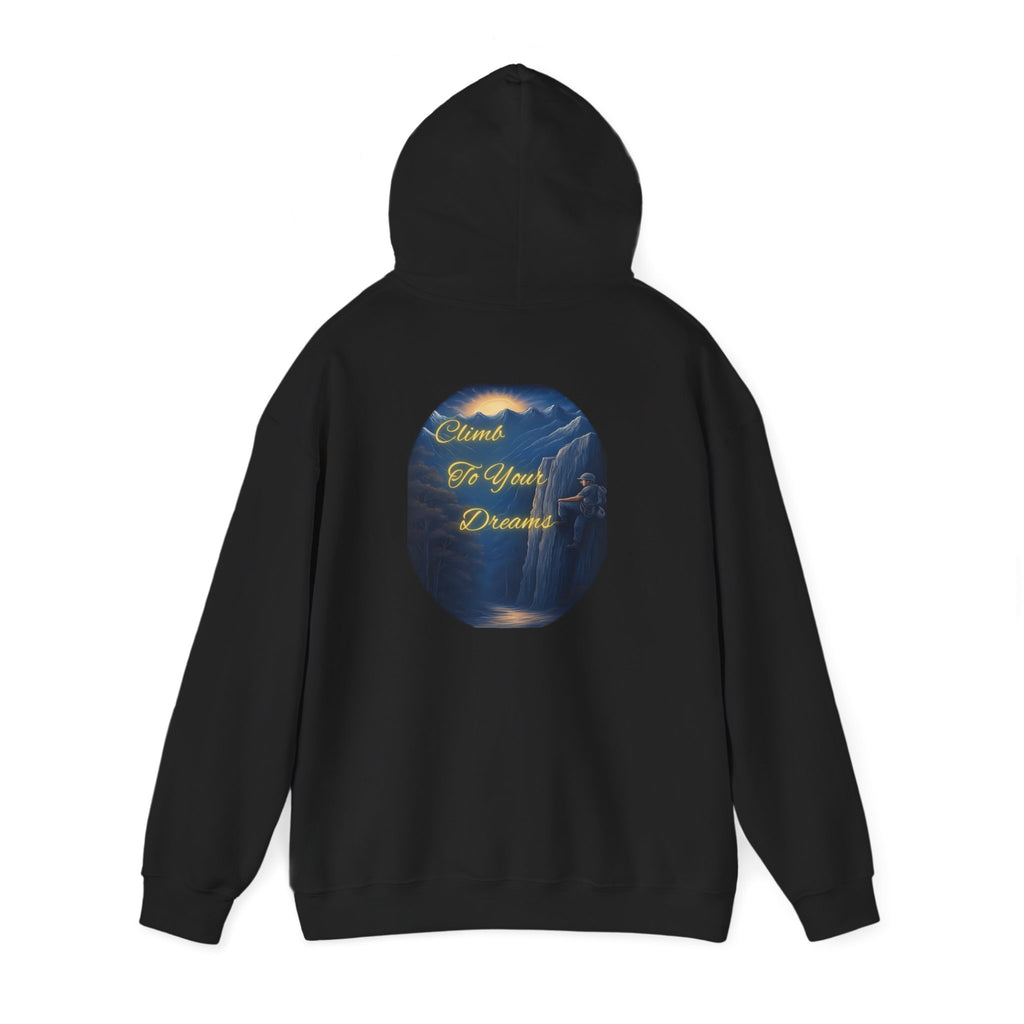 Climb To Your Dreams - Mountain Sunrise Hoodie | Back Glow Print + Front Badge | Heavy Blend™, Inspirational and Motivational Apparel, Gift for Dreamers, Creative Expression Wear