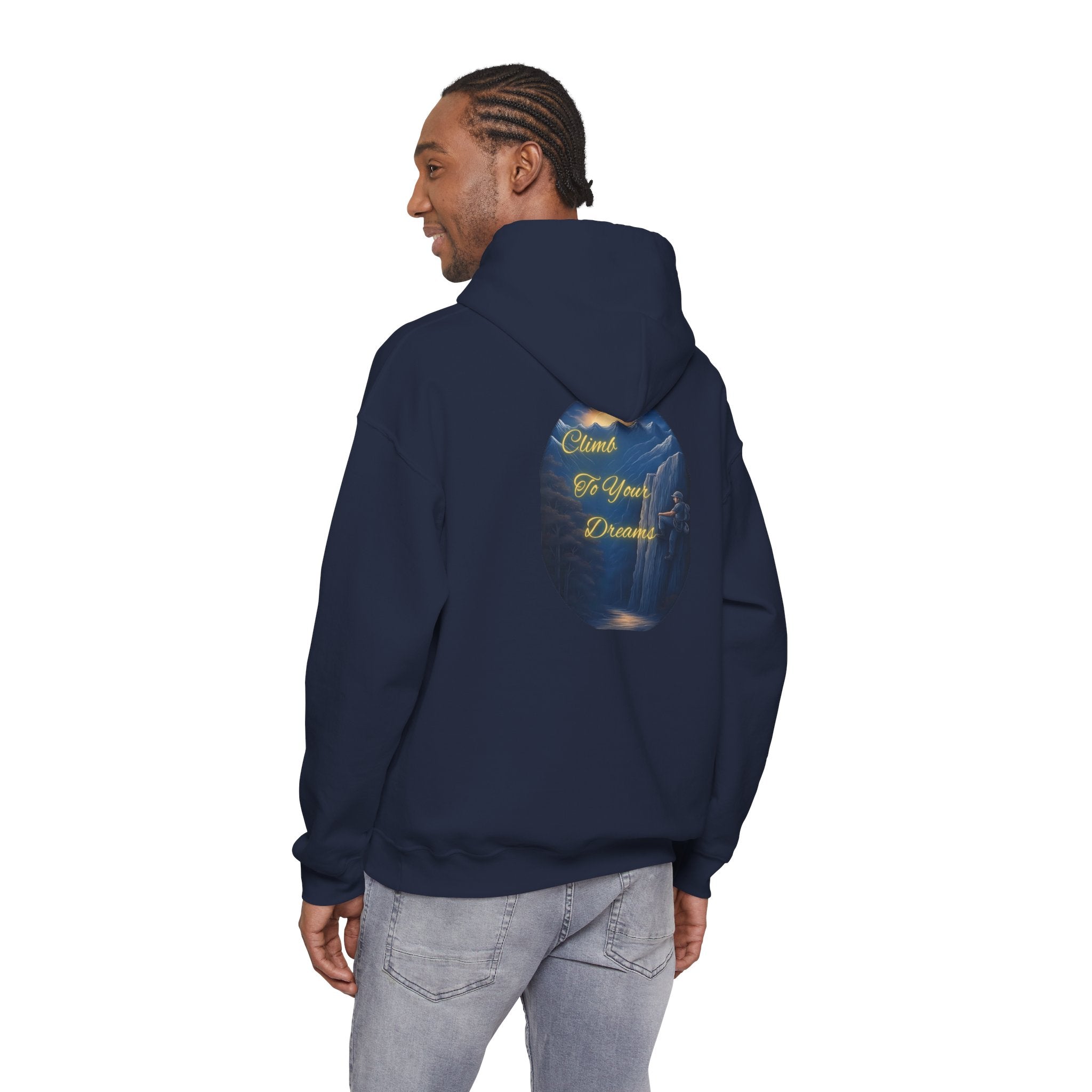 Climb To Your Dreams - Mountain Sunrise Hoodie | Back Glow Print + Front Badge | Heavy Blend™, Inspirational and Motivational Apparel, Gift for Dreamers, Creative Expression Wear