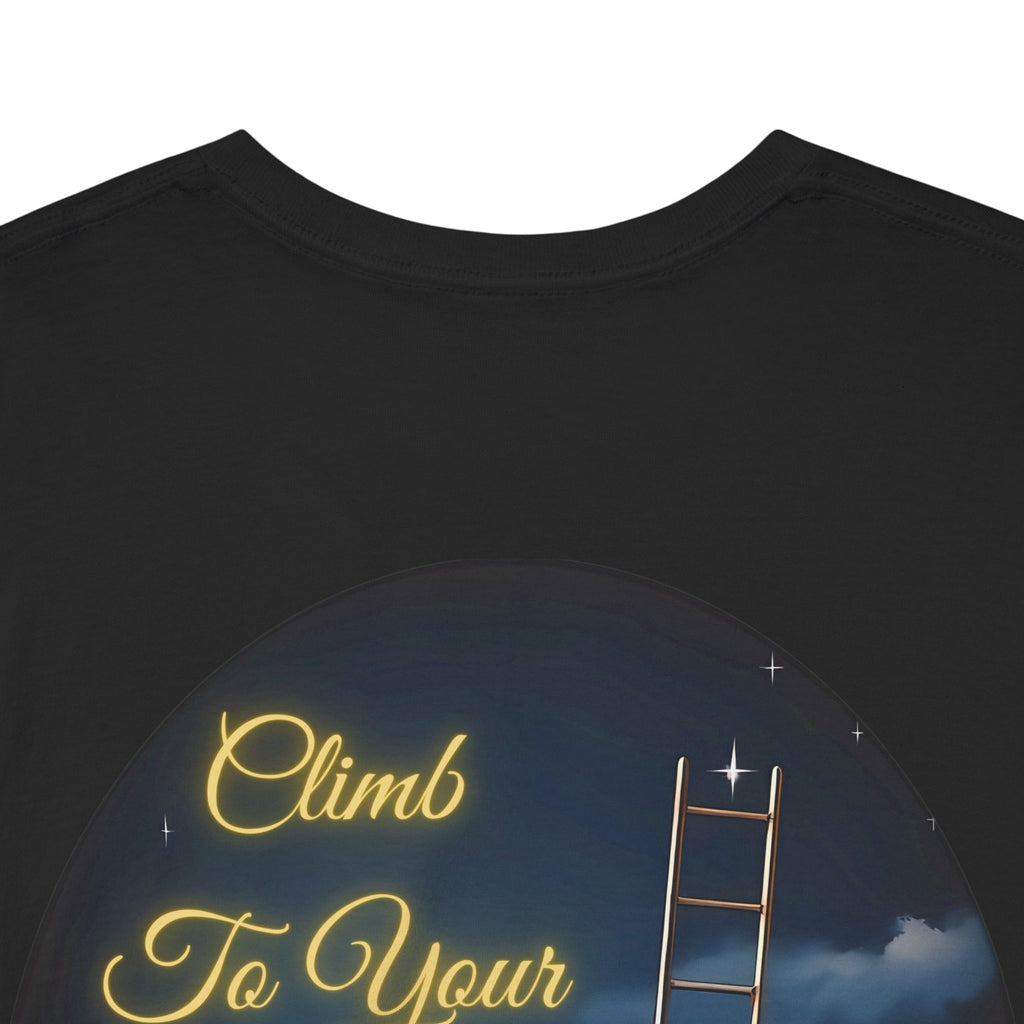 Climb To Your Dreams – Starry Night Ladder Back-Print Tee + Front Badge | Gildan 5000, Inspirational and Motivational Apparel, Gift for Dreamers, Creative Expression Wear
