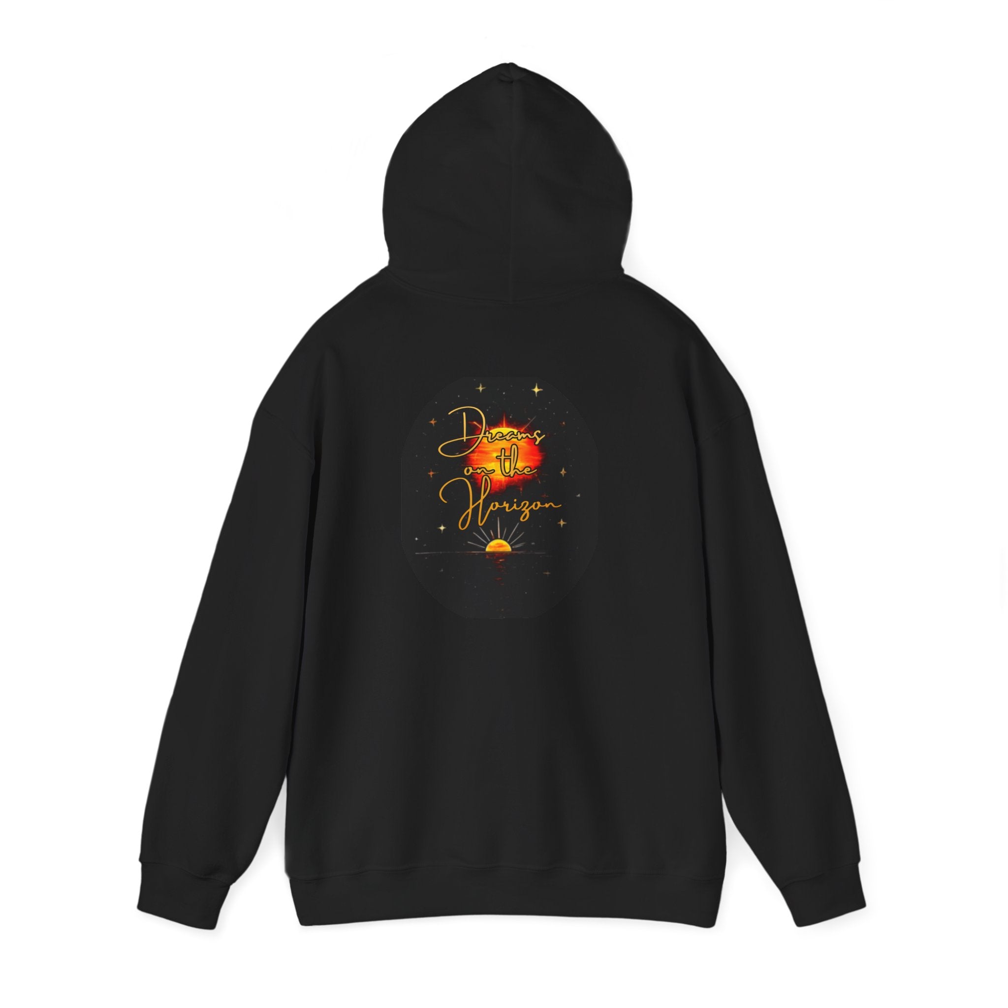 Dreams on the Horizon Sunrise Back Print Hooded Sweatshirt, Inspirational and Motivational Apparel, Gift for Dreamers, Creative Expression Wear