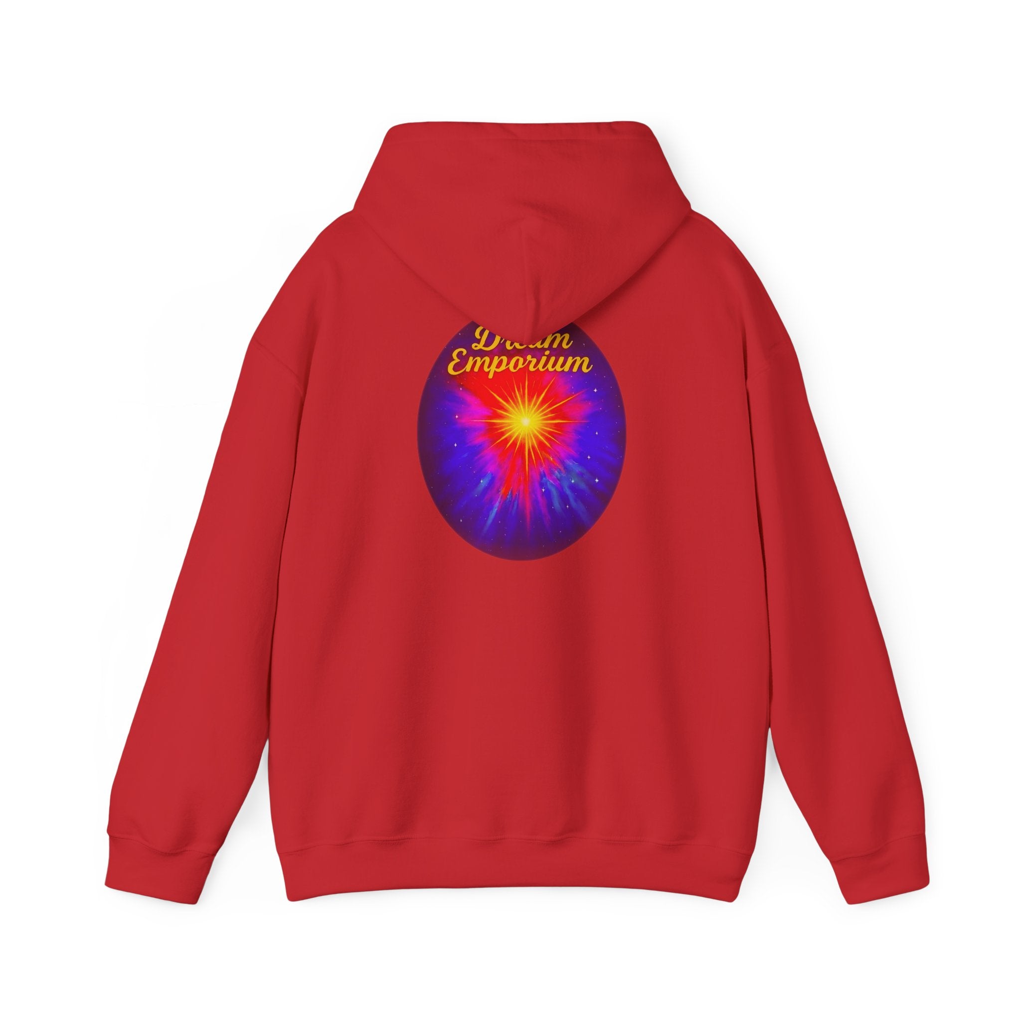 Dream Emporium – Back Printed Radiant Starburst Heavy Blend™ Hooded Sweatshirt, Inspirational and Motivational Apparel, Gift for Dreamers, Creative Expression Wear