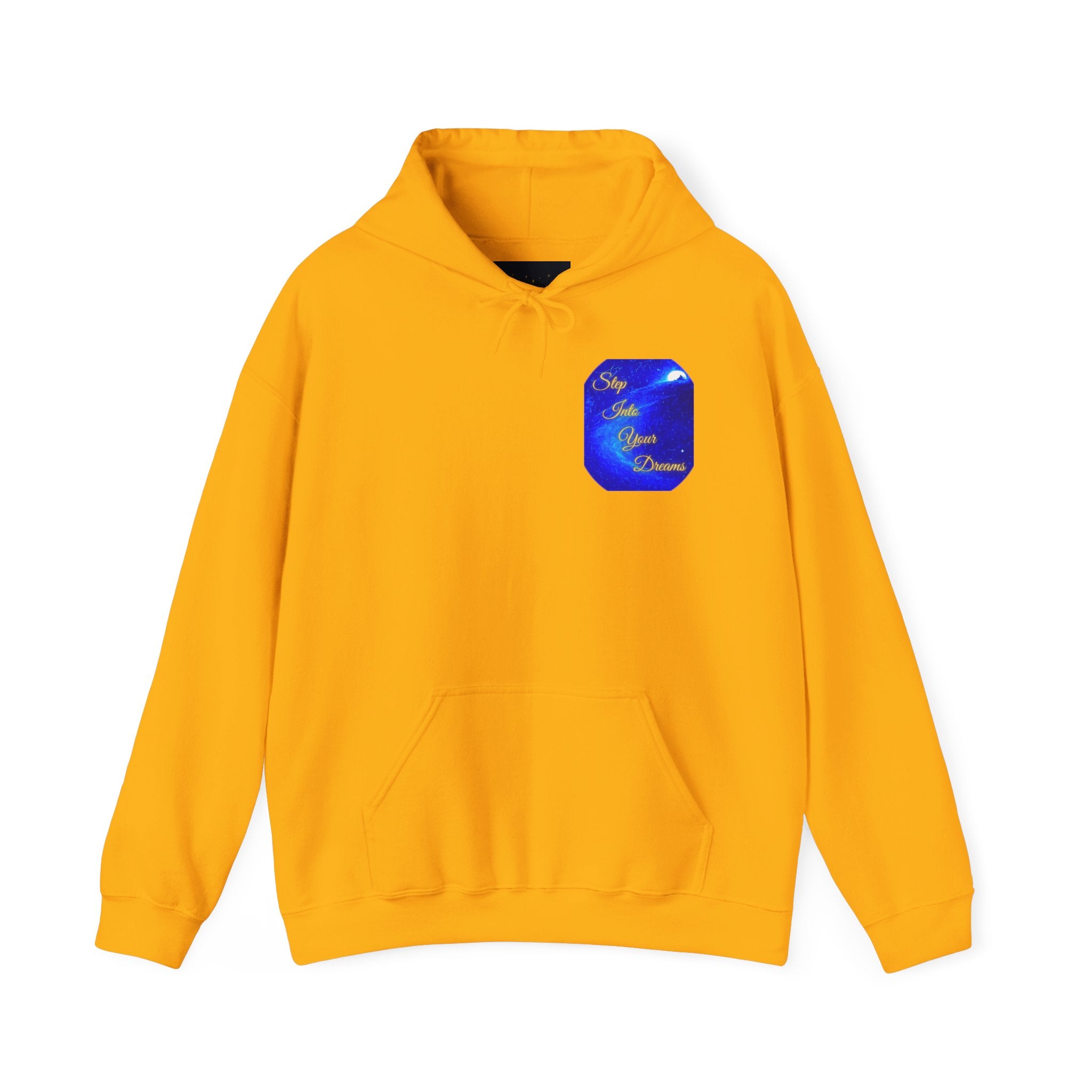 Step Into Your Dreams – Cosmic Gateway Back-print Hoodie | Tiny front badge | Gildan Heavy Blend™. Inspirational and Motivational Apparel, Gift for Dreamers, Creative Expression
