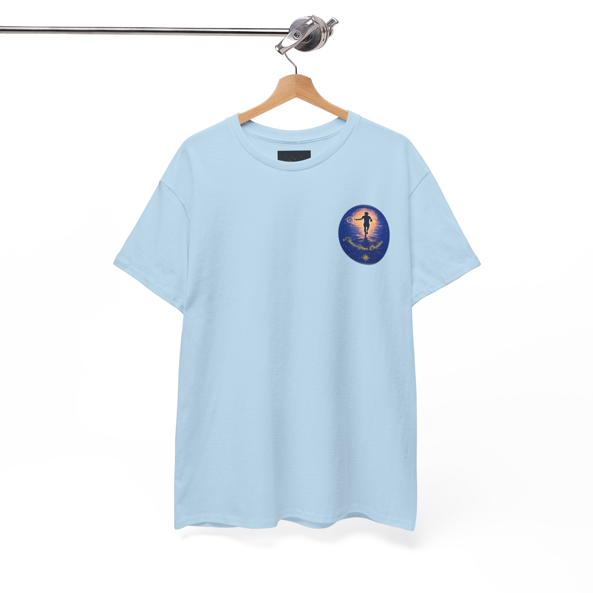 Chase Your Dreams – Sunrise Silhouette Back Printed Heavy Cotton Tee, Inspirational and Motivational Apparel, Gift for Dreamers, Creative Expression Wear