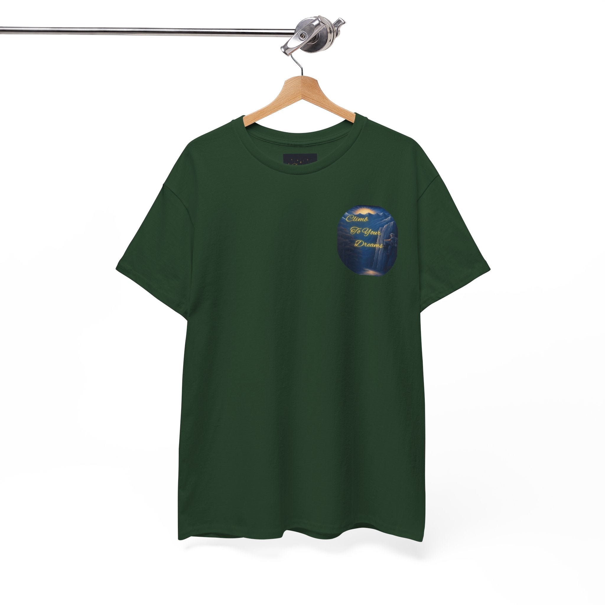 Climb To Your Dreams – Rock Climber Back-Print Tee + Front Badge | Gildan 5000, Inspirational and Motivational Apparel, Gift for Dreamers, Creative Expression Wear