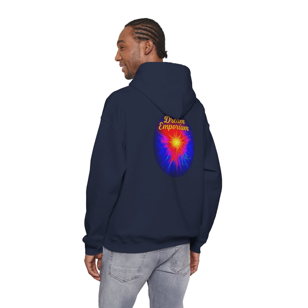 Dream Emporium – Back Printed Radiant Starburst Heavy Blend™ Hooded Sweatshirt, Inspirational and Motivational Apparel, Gift for Dreamers, Creative Expression Wear
