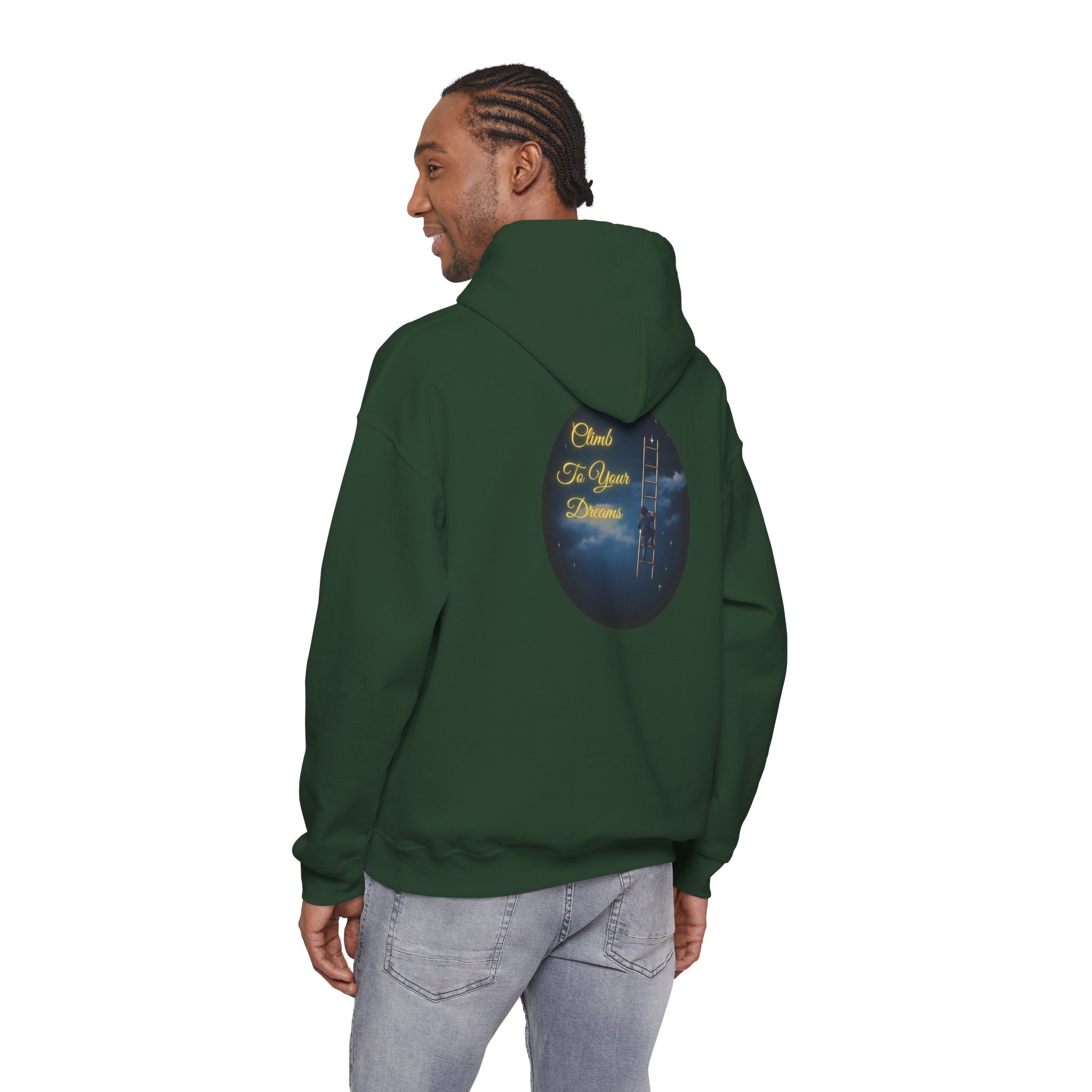 Climb To Your Dreams – Starry Night Ladder-to-Moon Back-Print Hoodie + Front Badge | Gildan 18500, Inspirational and Motivational Apparel, Gift for Dreamers, Creative Expression Wear